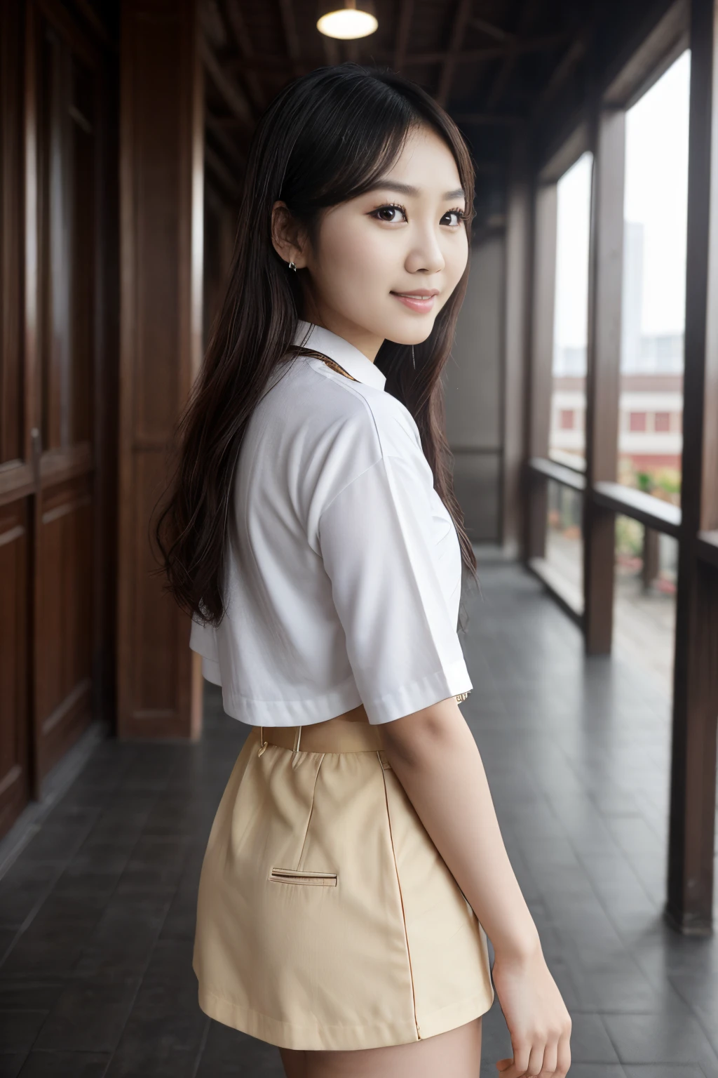 8k, highest quality, ultra details, Chinese-Indonesian campus idol named Evelyn, friendly and approachable, known for her warm personality and willingness to help others.