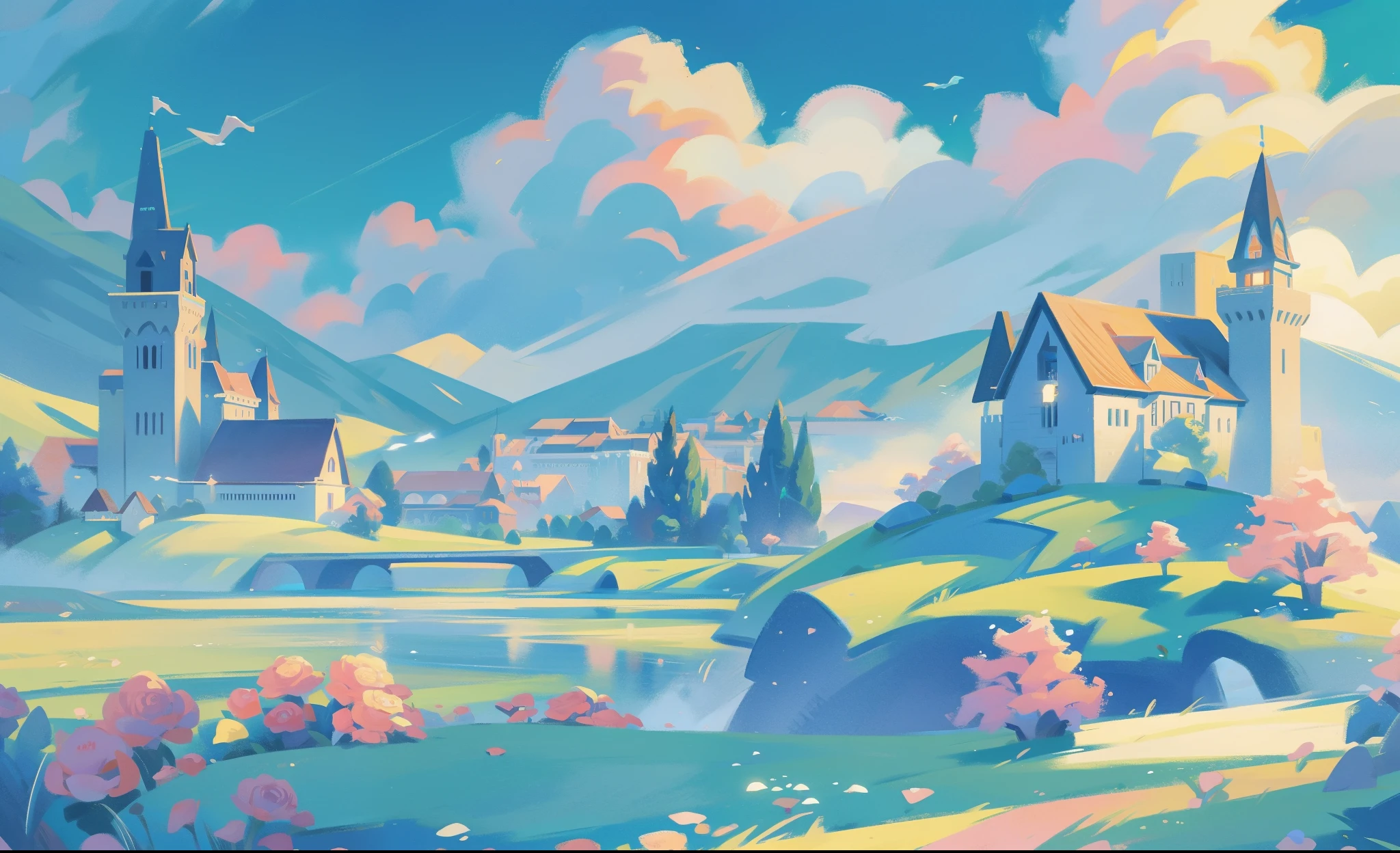 picture book illustration, watercolor storybook illustration, princess castle, fairytale castle, fairytale towers, clouds, vibrant pastel colors, dream, colorful, whimsical, magical, masterpiece, best quality, sharp focus, intricately detailed environment, fine detail, 8k resolution