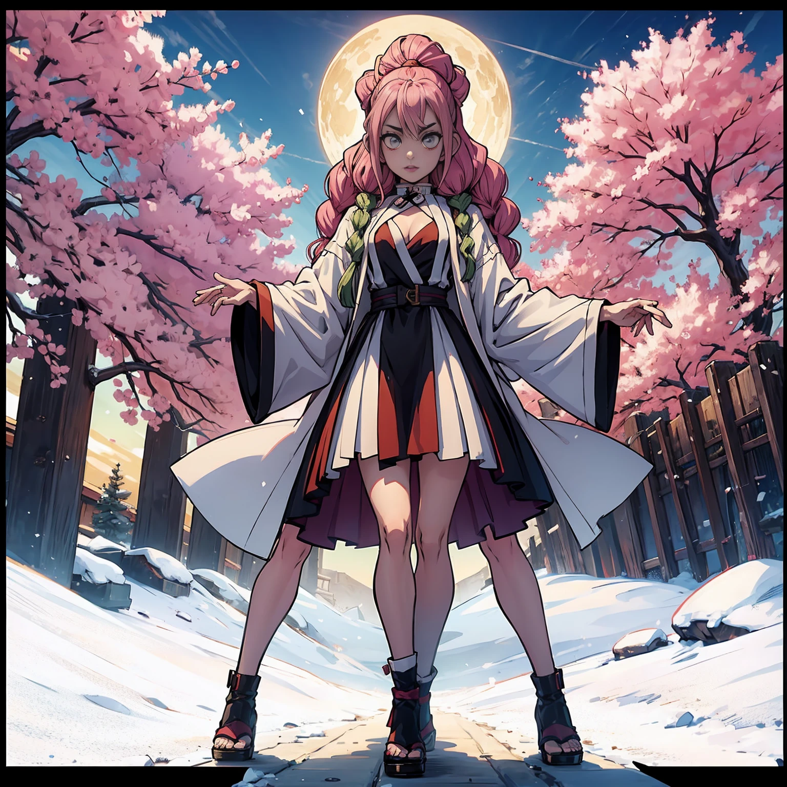 Personaje mitsuri de demon slayer, con su ropa de caracteristica , full body size, y ropa completo y zapatos