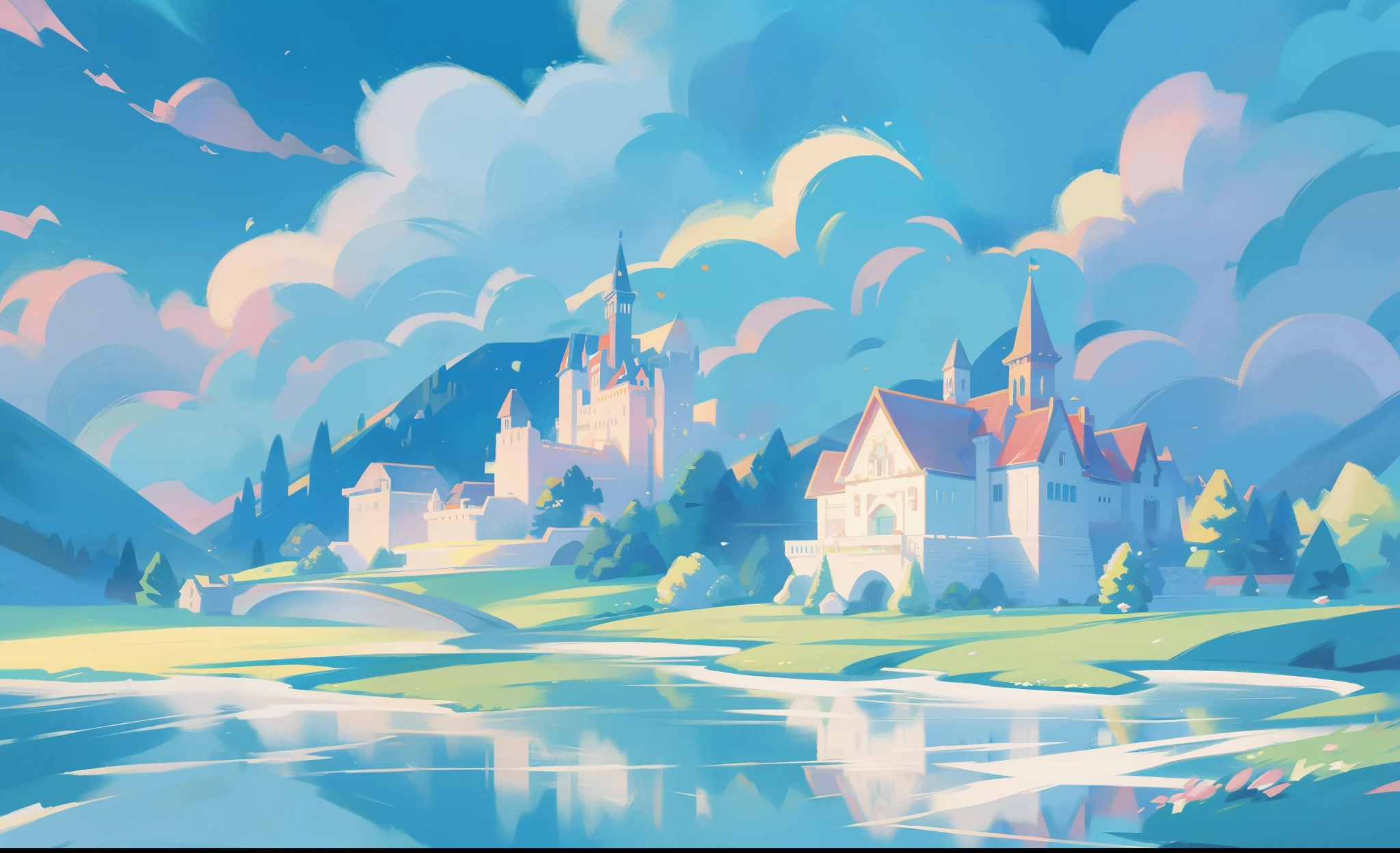 picture book illustration, watercolor storybook illustration, princess castle, fairytale castle, fairytale towers, clouds, vibrant pastel colors, dream, colorful, whimsical, magical, masterpiece, best quality, sharp focus, intricately detailed environment, fine detail, 8k resolution