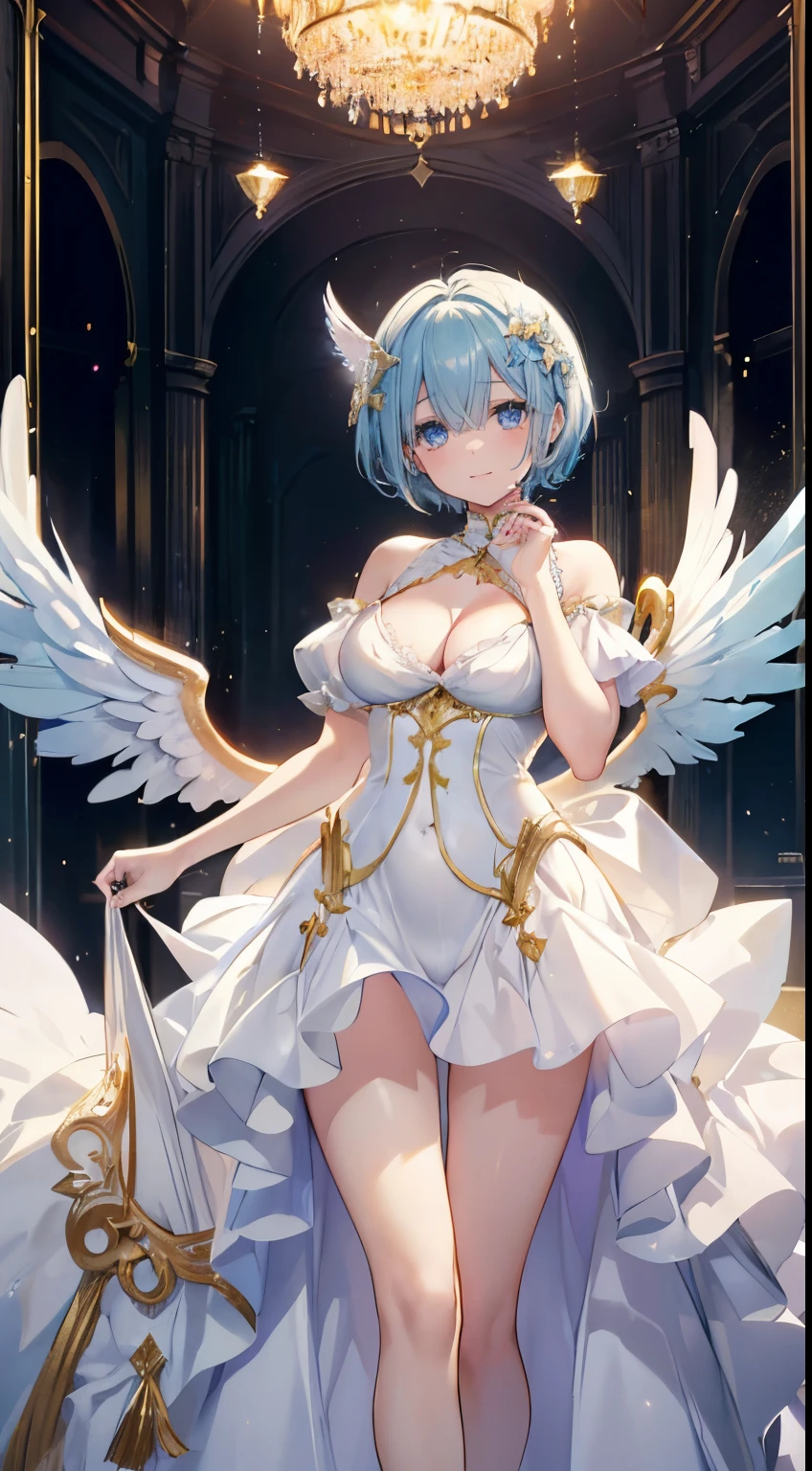 extra detailed face, Perfect Lighting, extremely details CG, 4K、8K、be shy、mournful smile、(Perfect hands, Perfect Anatomy)、Ultra-realistic photo of a girl in a majestic white and golden ball gown dress, Big beautiful dress, Complex puffy ball gown with lots of frills and rhinestones (Best Quality, masutepiece, ((Angel wings:1.2))。 art stations, Fantasy Art:1.2), Palace rooms, Beautiful cute girl, Rem of Rezero、(Blue shorthair:1.3), Bangs hide one eye、(Complex short gold skirt, Bare legs:1.2, Full body shot)、very Bigger breasts、cleavage of the breast、Nipples show through、White panties、(Clearly visible detailed female pubic shape: 1.4)、skirt rift、