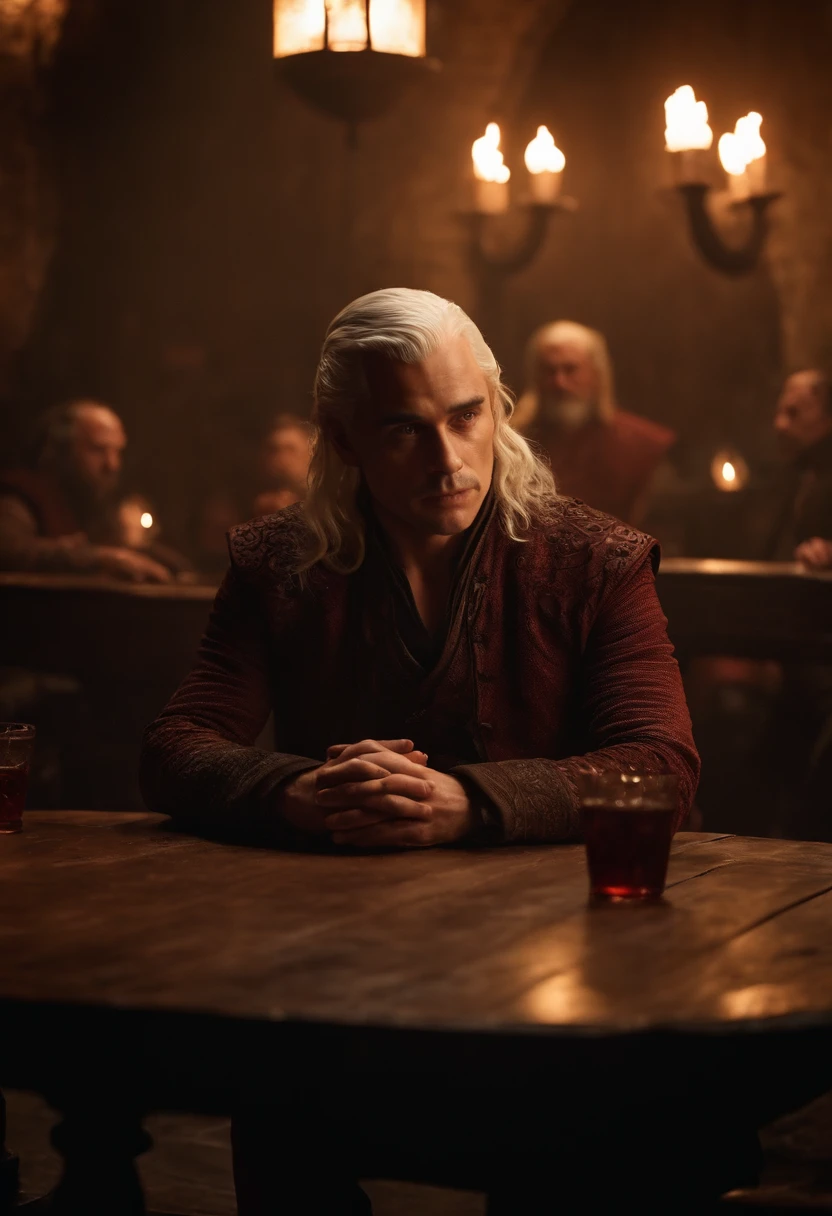 A photo of a man sitting alone in a dimly lit tavern, surrounded by drunken patrons and a haze of smoke.,Game of Thrones,Viserys Targaryen