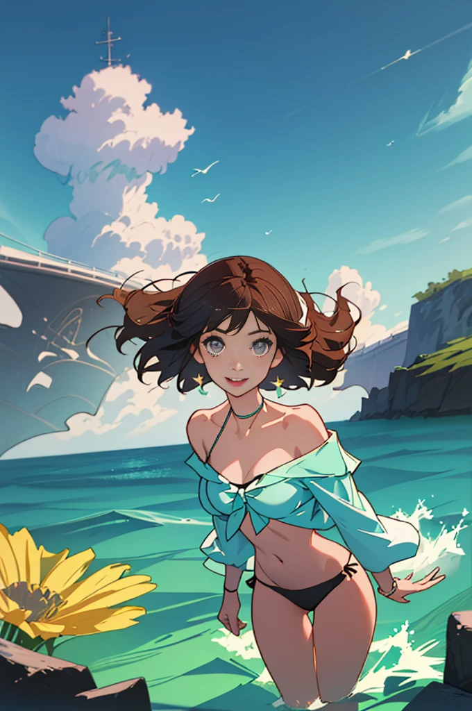 (best quality, masterpiece), 1girl, bikini, off shoulder, happy, dark skin, ocean, looking at viewer,