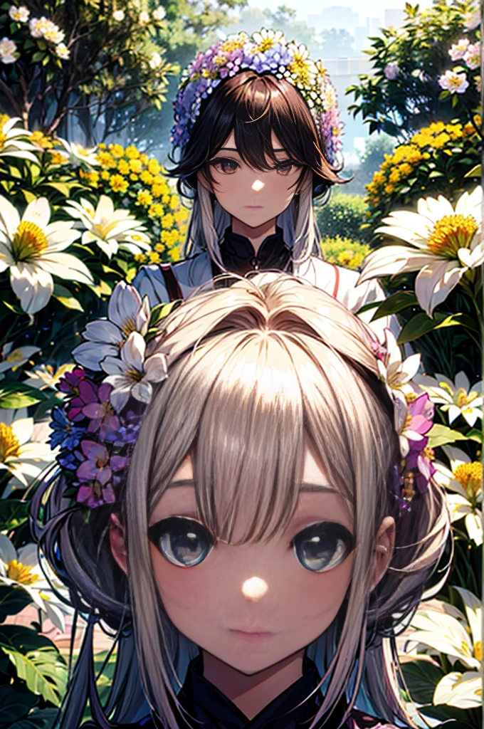 absurdos, Altas, (Arte Oficial, Beautiful and Aesthetic:1.2), (Close view:1.2), Front composition, 
1girl, (cabelos longos:1.2), cabelos grisalhos, cabelos ondulados, sorrir, 
(por todo o jardim de flores:1.6), (efeitos florais:1.2), (fundo floral:1.2), (Fundo cheio de flores:1.4), (Fundo chamativo:1.1),