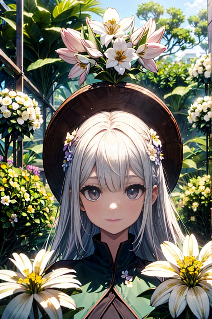 absurdos, Altas, (Arte Oficial, Beautiful and Aesthetic:1.2), (Close view:1.2), Front composition,
1girl, (cabelos longos:1.2), cabelos grisalhos, cabelos ondulados, sorrir,
(por todo o jardim de flores:1.6), (efeitos florais:1.2), (fundo floral:1.2), (Fundo cheio de flores:1.4), (Fundo chamativo:1.1),