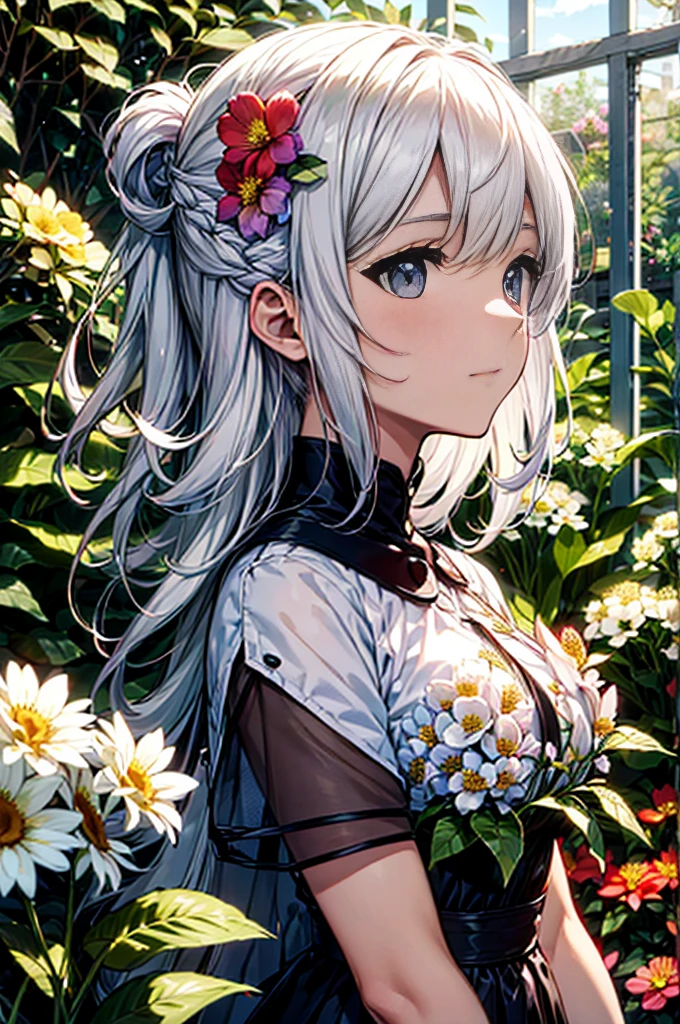 absurdos, Altas, (Arte Oficial, Beautiful and Aesthetic:1.2), (Close view:1.2), Front composition,
1girl, (cabelos longos:1.2), cabelos grisalhos, cabelos ondulados, sorrir,
(por todo o jardim de flores:1.6), (efeitos florais:1.2), (fundo floral:1.2), (Fundo cheio de flores:1.4), (Fundo chamativo:1.1),