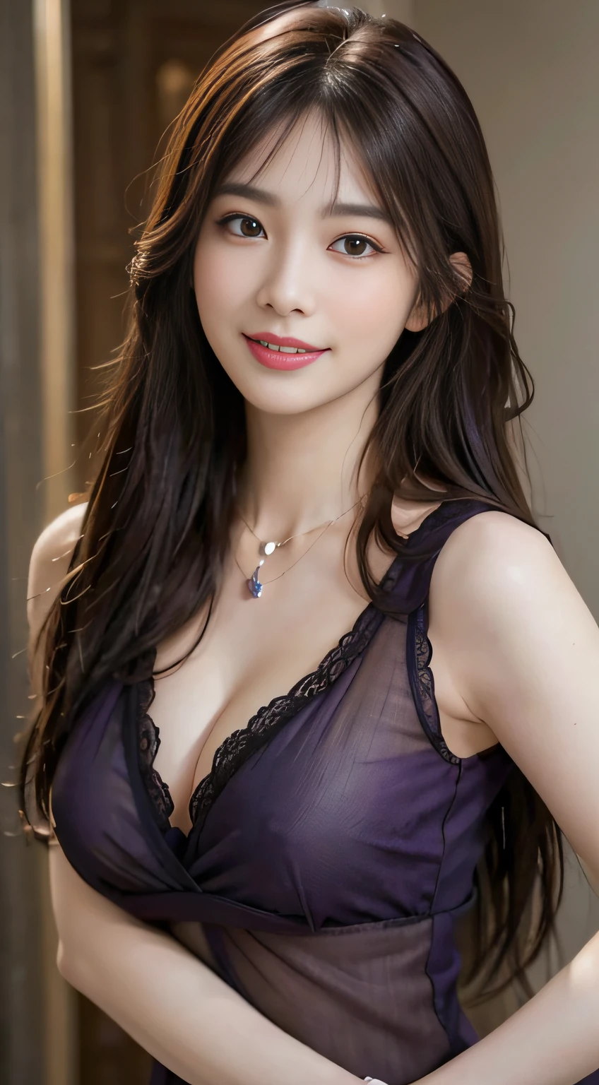(((Brown Long Hair))), (Louvre Museum), Pose Seductive, (A hyper-realistic), (Illustration), (Increased resolution), (8KUHD), (Extremely detailed), (Best Illustration), (Beautiful and detailed eyes), (Best Quality), (ultra-detailliert), (masutepiece ), ( Wallpaper), (Detailed face), Solo, 1人の女性, Fine details, Detailed face, Deep Shadows, lowkey, pureerosfaceace_v1, Smiling, 46 point slanted bangs、dark purple see-through blouse、cleavage of the breast、Big necklace、large earring、Laughing