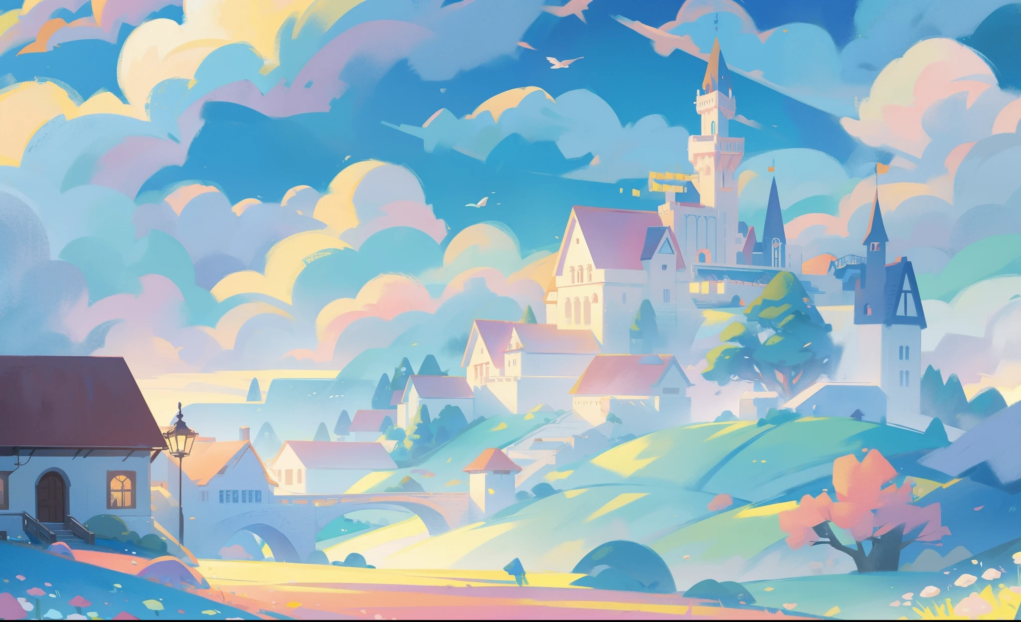 picture book illustration, watercolor storybook illustration, princess castle, fairytale castle, fairytale towers, clouds, vibrant pastel colors, dream, colorful, whimsical, magical, masterpiece, best quality, sharp focus, intricately detailed environment, fine detail, 8k resolution