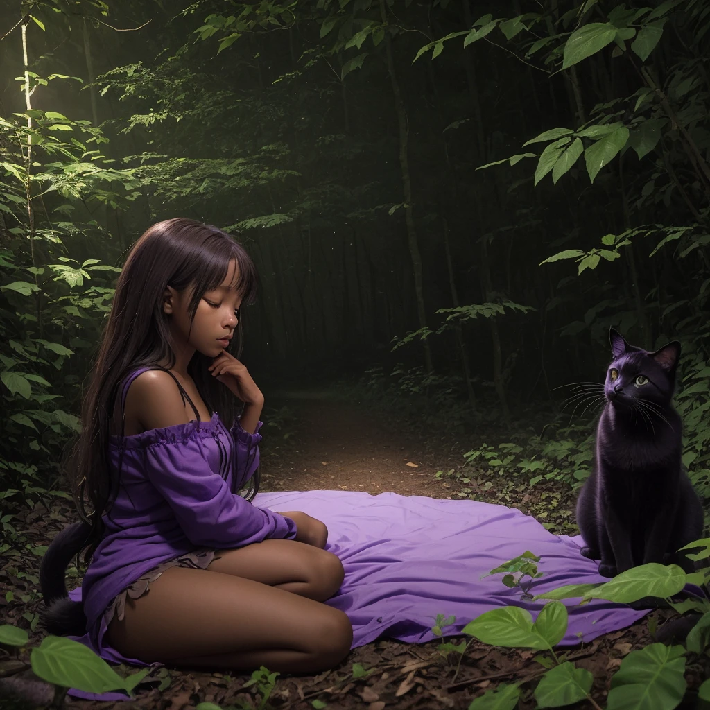 close-up view: a girl, light brown skin color, sleeps alone in the night forest in a clearing with purple cats, one black cat sits next to her