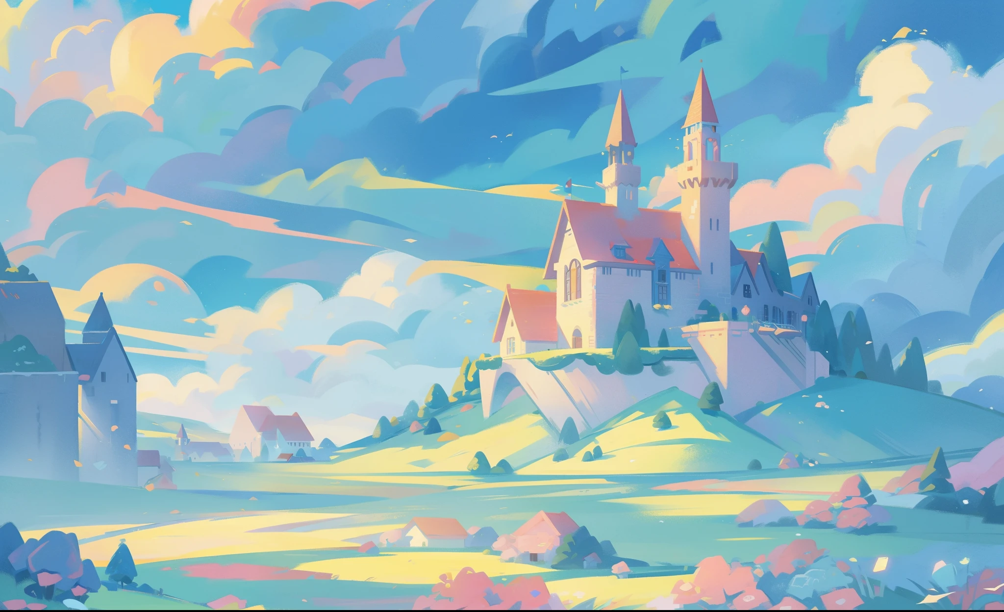 picture book illustration, watercolor storybook illustration, princess castle, fairytale castle, fairytale towers, clouds, vibrant pastel colors, dream, colorful, whimsical, magical, masterpiece, best quality, sharp focus, intricately detailed environment, fine detail, 8k resolution