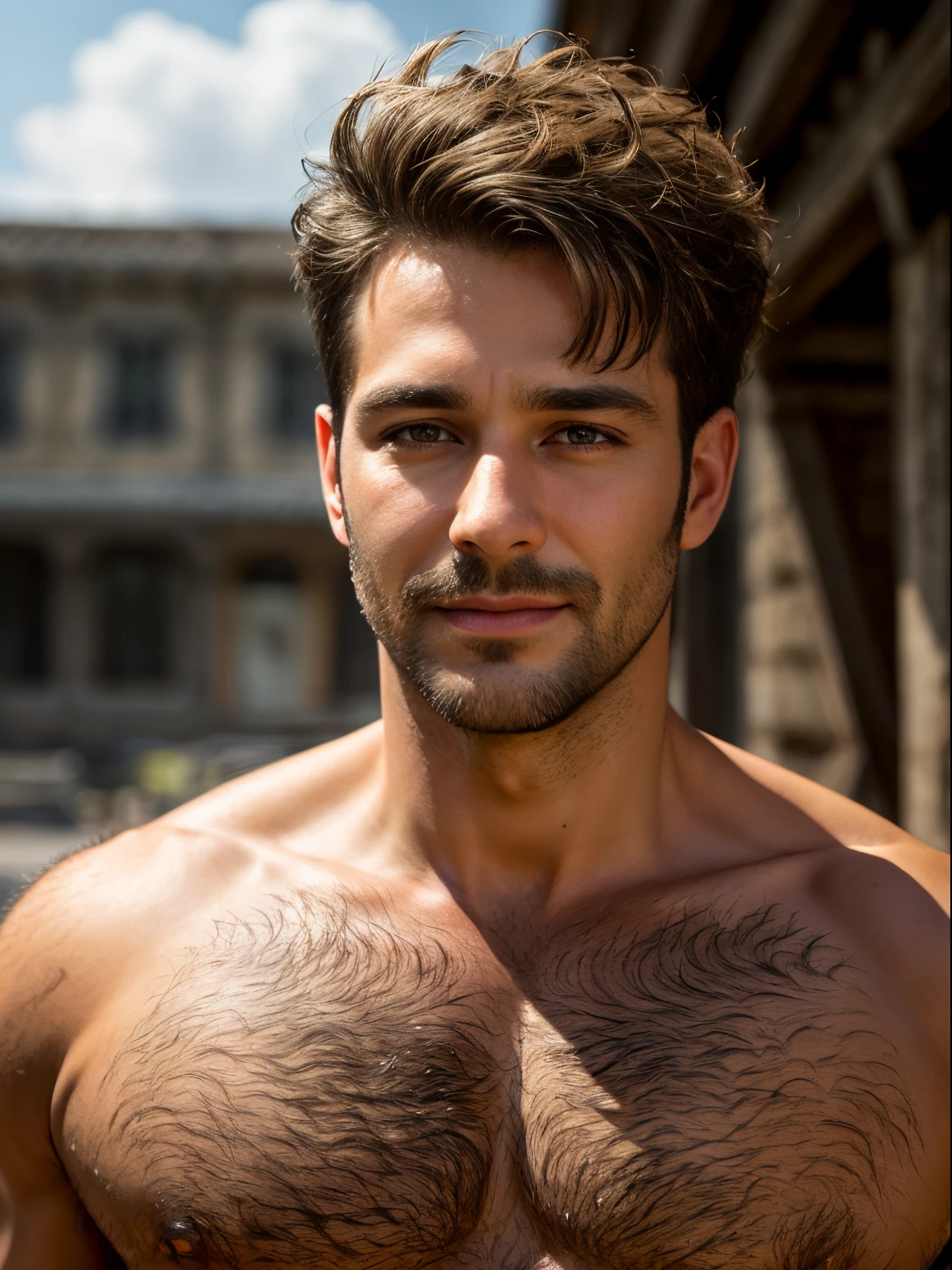 masterpiece, best quality, high resolution, closeup portrait, male focus, solo focus, 35 years old, with cowboy clothes, blonde bleached hair, messy hairstyle, cute and seductive face, bare chest, body hair, facial hair, roman nose, very skinny body, hairy legs, dimples, stubble beard, seductive smirk, bold jawline, in the background a meadow, view from below, amazing composition, front view, HDR, ultra quality, elegant, highly detailed
