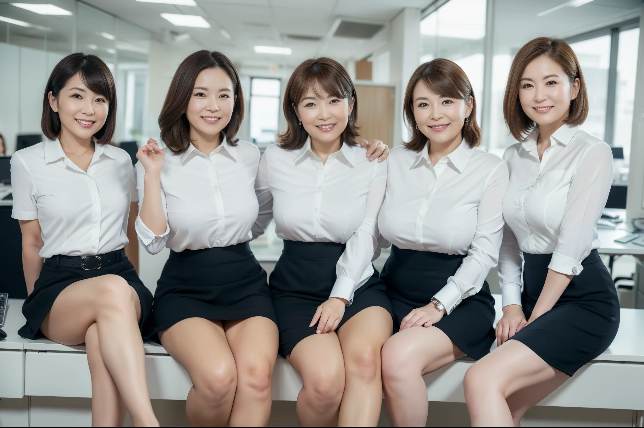 ((Best Quality, 8k, Masterpiecedetails, ultra-high resolution)), (group picture),(looking at the viewer), (full shot:), attractive business 5 milfs, 5 people, a bit chubby:0.15, seductive expression, underwear, (sitting on office desks)), smile, office of CEO,