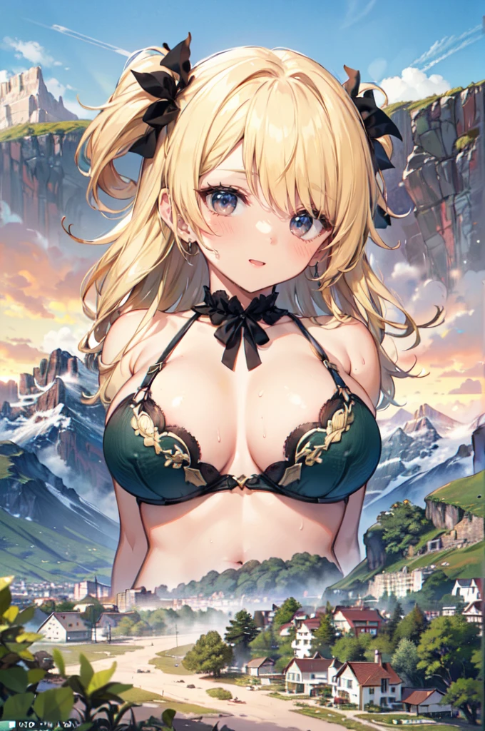 (mountains cliffs: 1.3), (giantess:1.5), 
(giantess:1.2), leaning over, bra, navel (1girl:1.5),  (below_view:1.2), smug, very tall, (huge breasts closeup: 1.4), collarbone, 
AND landscape, (village on a mountain from sky view: 1.3), (naked:1.6), (bare_skin:1.6), (nipples:), sweaty, cliffs from sky view, mountains from sky view