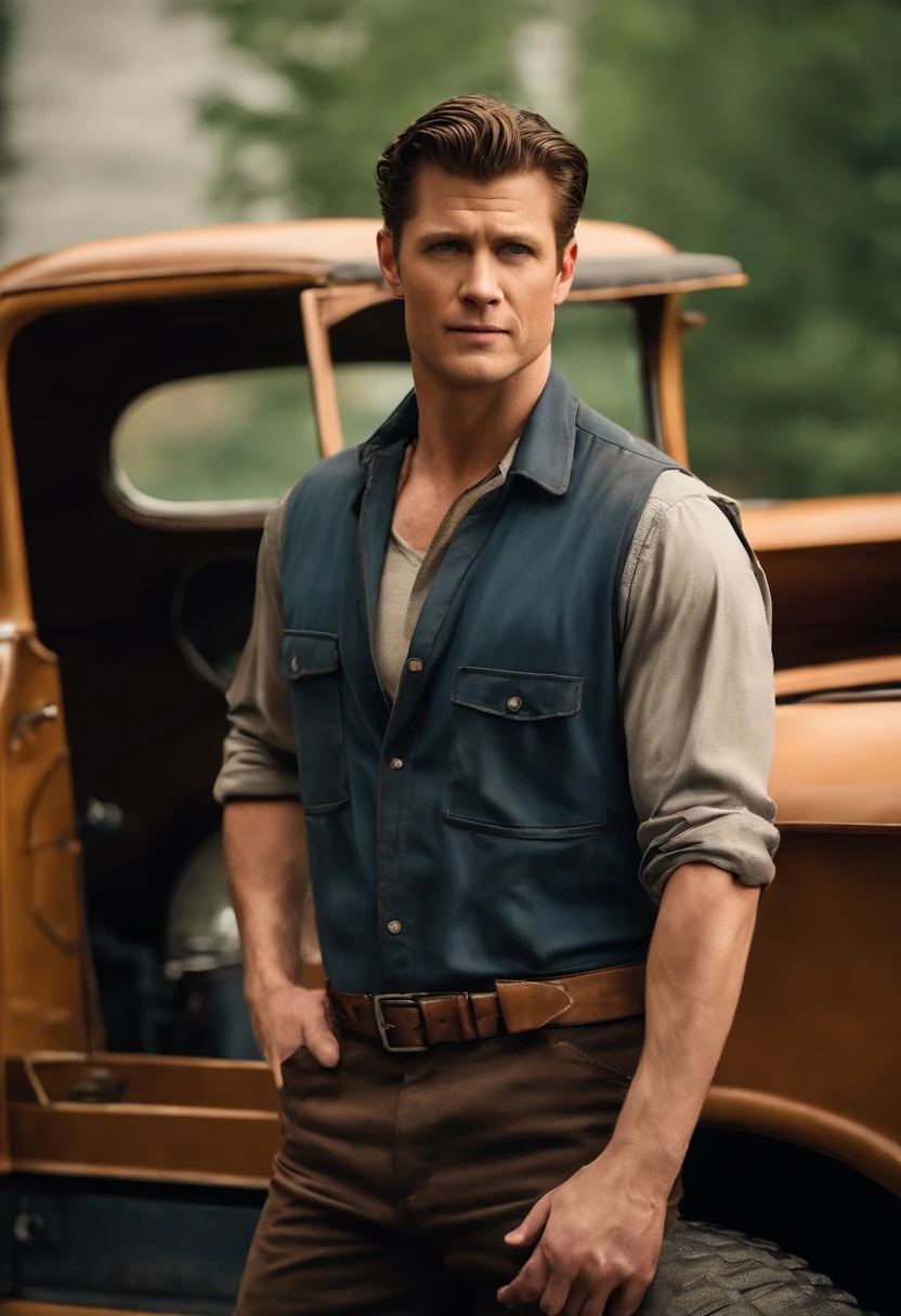 A photo of Jim standing next to a vintage pickup truck, holding a toolbox and wearing a grease-stained work shirt.,Gotham,Jim has very short brown hair, styled neatly. Wears a suit and tie, is a detective, famously portrayed by Ben McKenzie