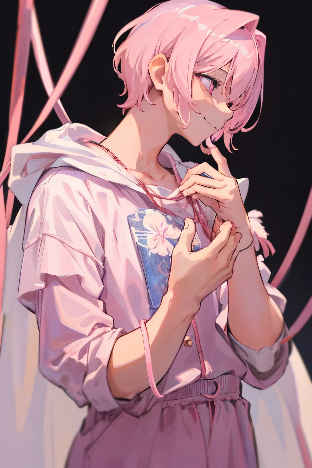 (masterpiece), high resolution, (ultra - detailed:1.0), (1boy, adult male), Perfect male body, eyes look at the camera, Delicate eyes and delicate face, (1guy), (light pink eyes), (light pink hair), fair skin tone, hot, wearing a cutesy pink outfit, high res, quality, masterpiece, soft expression, smiling, handsome, (really short hair length), icon, profile, dark basement background, close up, friendly expression, kidnapper, he's holding rope, dark lighting.