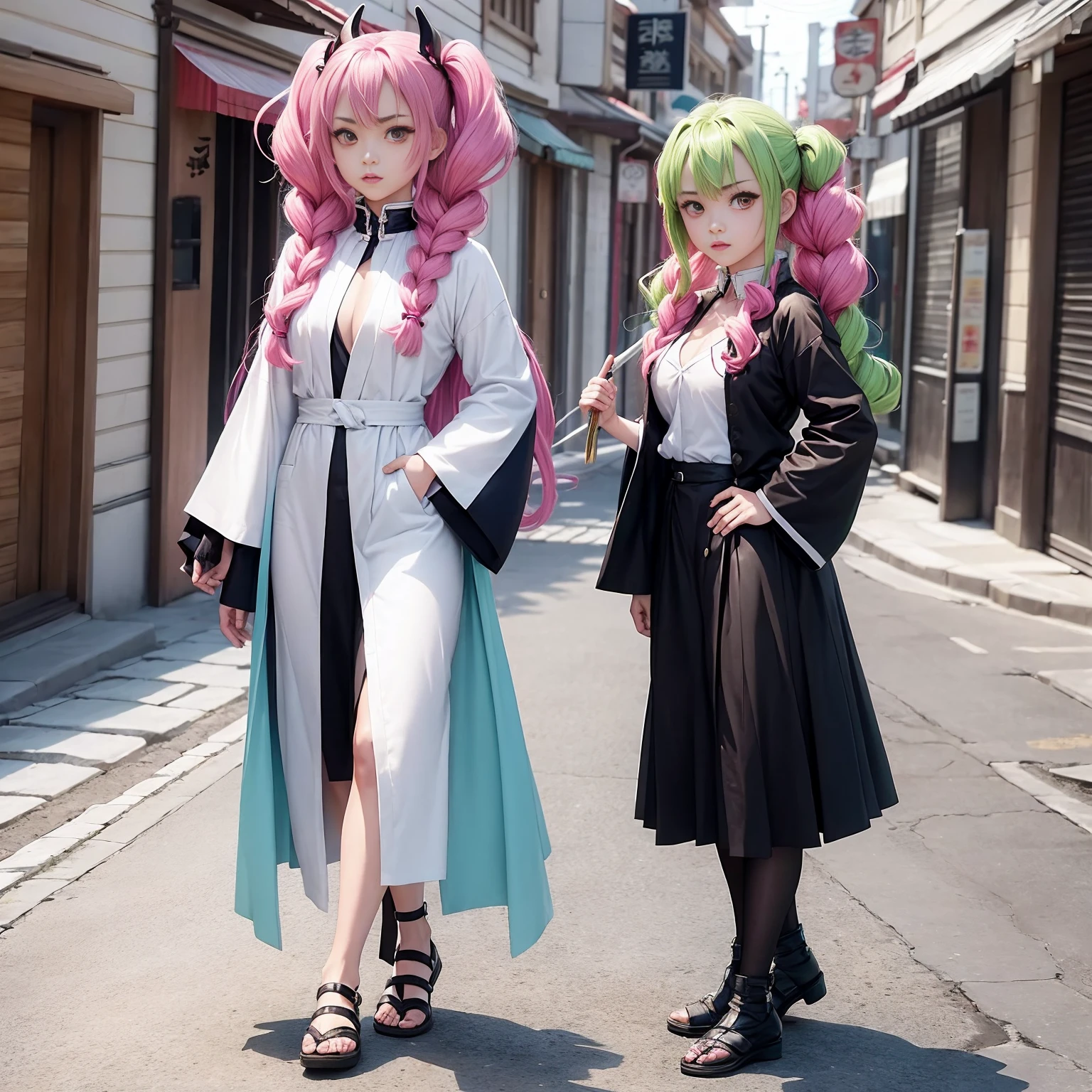Personaje mitsuri de demon slayer, con su ropa de caracteristica , full body size, y ropa completo y zapatos