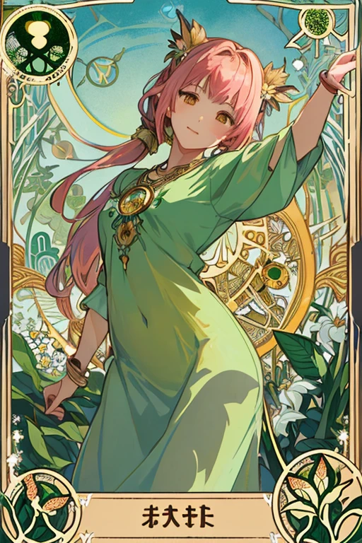 tmasterpiece、topquality、Alphonse Mucha、Jugendstil、
 (Tarot card style:1.3)、Unique Tarot Card Structure, including floral and green elements、
blunt bangs、Long hair with pink double ponytails,,,、Upper torso、looking at the viewers、
In the middle of a green garden、Mysterious girl in a floral dress、Enjoy the sunshine, which illuminates flowering plants and ancient tarot symbols.、Dance with Unearthly Creatures。
roses、lily、Cherry trees、calamus、leaves、moss、vine、Elegant dresses, Inspired by nature、Necklace with flowers and leaves、耳环、circlet、A bracelet、hair ornaments、Butterflies、bird、bee、Tarot symbols, Reimagined with floral and green ornaments、godesses、Flower Garden、woods、Natural background, like a, For example, shore of the lake、Efficient use of light and shadow、
Realistic & Ультрареалистичный 3D、zentangle、