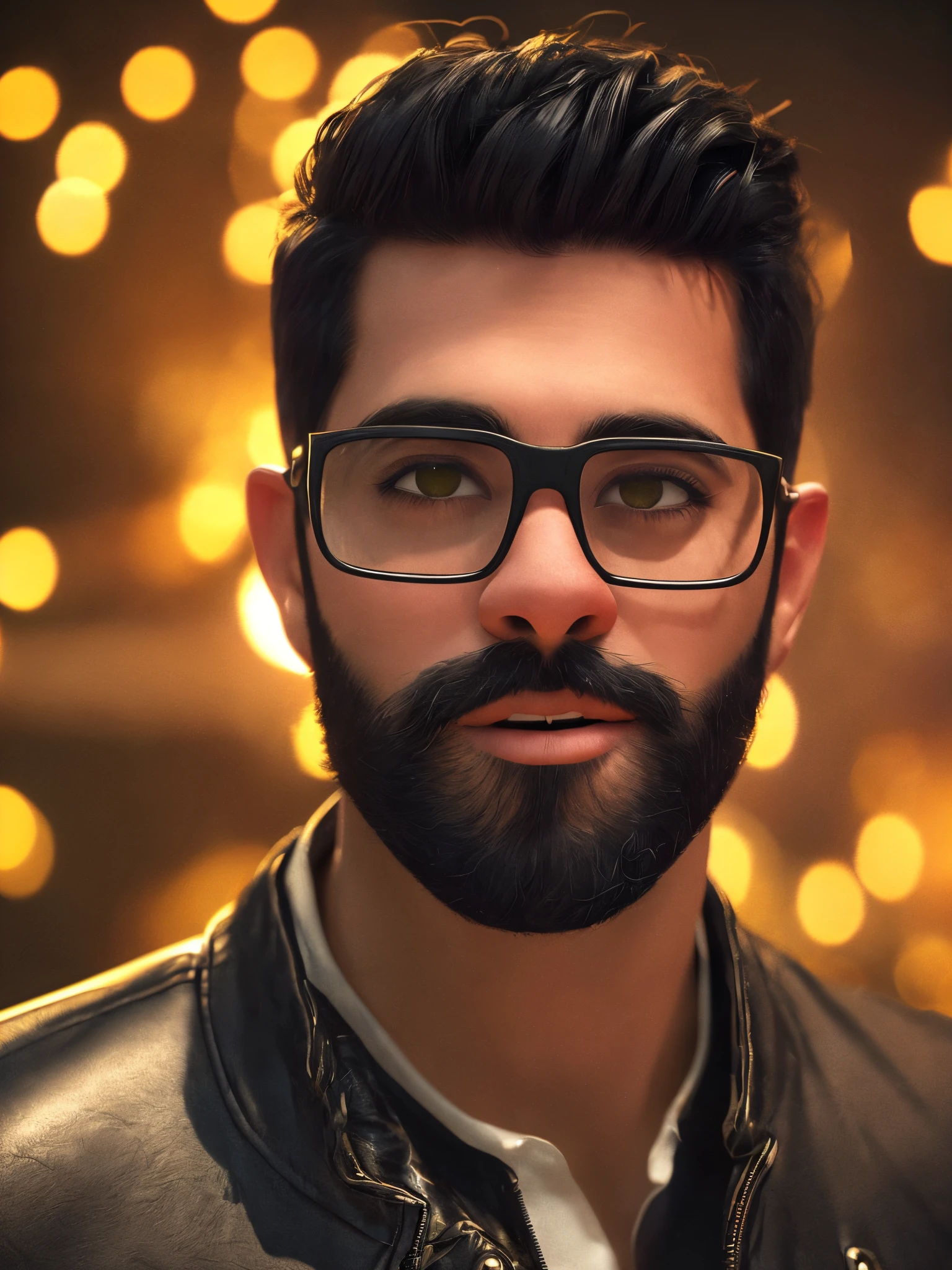 A male with black hair and a beard is wearing glasses. The scene is inspired by the Pixar style, aiming to create a masterpiece with a high level of detail. The image is of the best quality and in 8k resolution. The character is wearing a leather jacket with intricate textures. The overall ambiance is reminiscent of claymation, with cinematic lighting effects creating a dramatic atmosphere. The focus of the image is very sharp, highlighting the precise details. The background features a bokeh effect, adding depth and visual interest to the composition.