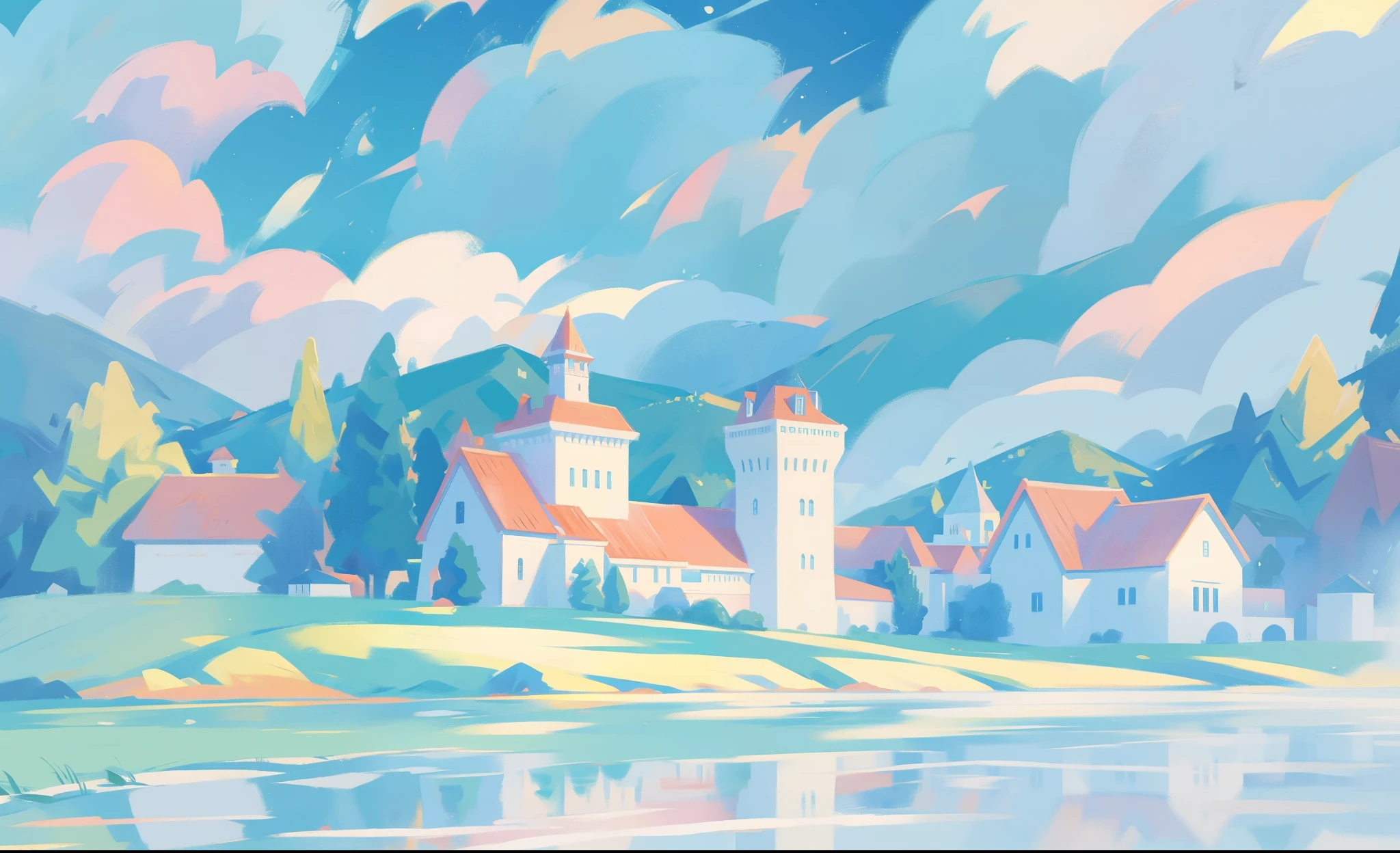 picture book illustration, watercolor storybook illustration, princess castle, fairytale castle, fairytale towers, clouds, vibrant pastel colors, dream, colorful, whimsical, magical, masterpiece, best quality, sharp focus, intricately detailed environment, fine detail, 8k resolution
