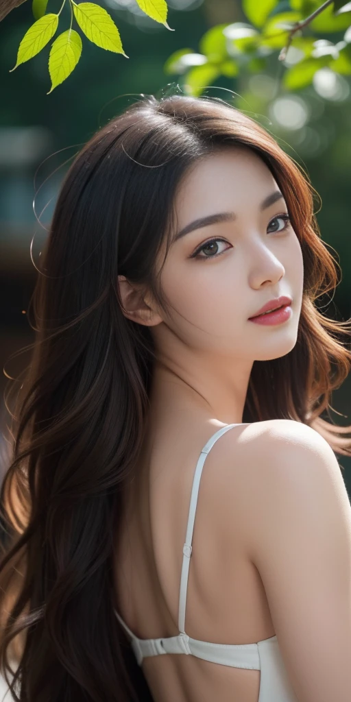 masterpiece, best quality, unity 8k wallpaper, ultra highres, high resolution, professional, ultra realistic, photorealistic, raw photo, insanely detailed, 4K, 8K, 16K, 64K, 1girl, solo, looking at camera, smile, elegant, beautiful, aesthetic, attractive, romanticism, beauty, like a k-pop idol, beautiful detailed face, small face, beautiful detailed eyes, (brown eyes), cat eyes, pale skin, beautiful detailed skin, detailed texture, sheer-black long hair, (hair blowing in the wind), ((detailed long hair)), soft curves, enchanting elegance, luminous radiance, elegant attire, captivating grace, irresistibly tempting, understated appeal, striking juxtapositions, evocative hues, vivid illumination, creative refinement, striking juxtapositions, evocative hues, captivating coloration, dramatic lighting, random highly detailed backgrounds, depth of field,