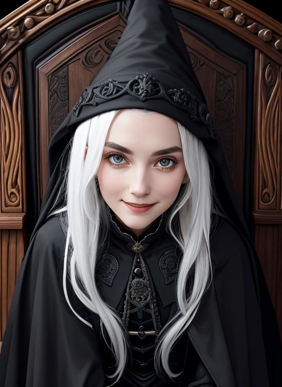a 20 year old female wizard. wearing a long black cape. wearing a long black dress covering legs. Black clothes.  Wearing a pointed witches hat on head. half of her face is in shadow. white background. Body Facing straight on to camera. Eyes looking straight at camera. Face straight on to camera. Friendly face. Smiling face.. White hair.. Black boots. Sitting down on black throne. Large black throne with ornate carvings. Black wooden throne. Conservatively dressed.