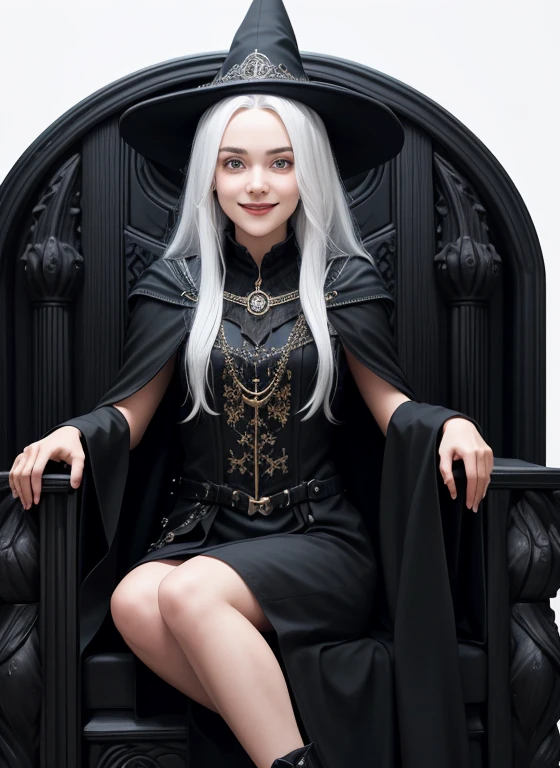 a 20 year old female wizard. wearing a long black cape. wearing a long black dress covering legs. Black clothes. Wearing a pointed witches hat on head. half of her face is in shadow. white background. Body Facing straight on to camera. Eyes looking straight at camera. Face straight on to camera. Friendly face. Smiling face.. White hair.. Black boots. Sitting down on black throne. Large black throne with ornate carvings. Black wooden throne. Conservatively dressed.