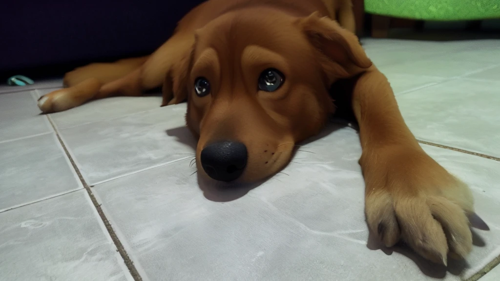 there is a dog that is laying down on the ground, rosto de feliz, ela tem os olhos grandes e brilhantes, Focused amber eyes, Loving amber eyes, sem mancha olho direito, Da Disney Pixar's Up (2009), close - retrato facial de cima, Como um personagem da Pixar, Personagem ideal da Pixar, Representado como um personagem da Pixar, personagem pixar, personagem pixar bonito, Anato Finnstark. Pixar, em cima, quadro do filme pixar, design de personagem bonito pixar, animation film