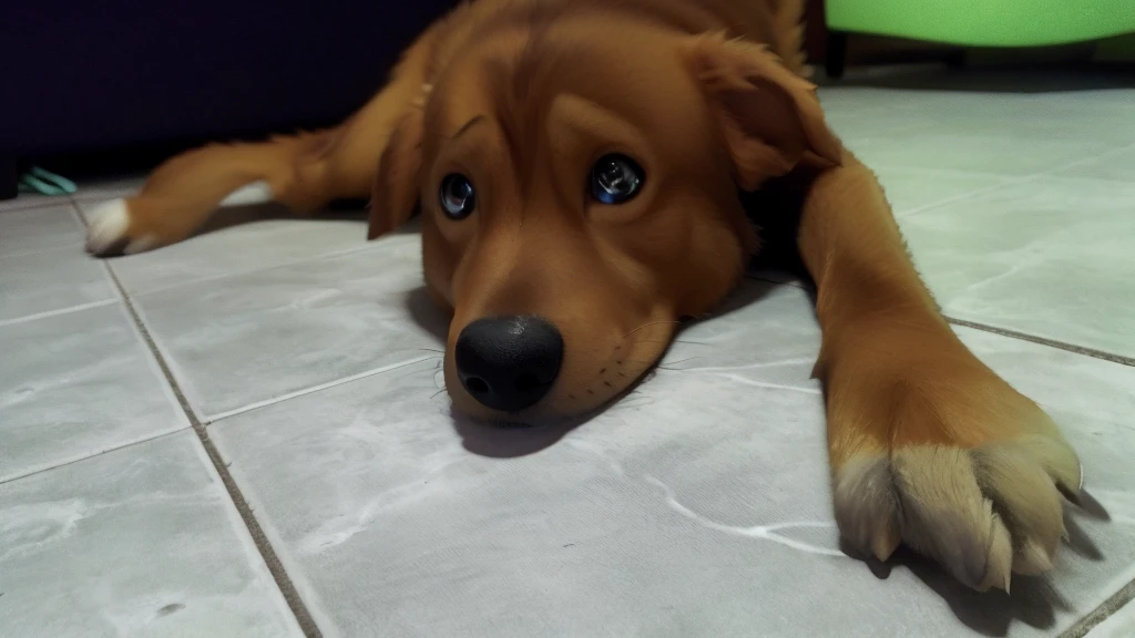 there is a dog that is laying down on the ground, rosto de feliz, ela tem os olhos grandes e brilhantes, Focused amber eyes, Loving amber eyes, sem mancha olho direito, Da Disney Pixar's Up (2009), close - retrato facial de cima, Como um personagem da Pixar, Personagem ideal da Pixar, Representado como um personagem da Pixar, personagem pixar, personagem pixar bonito, Anato Finnstark. Pixar, em cima, quadro do filme pixar, design de personagem bonito pixar, animation film
