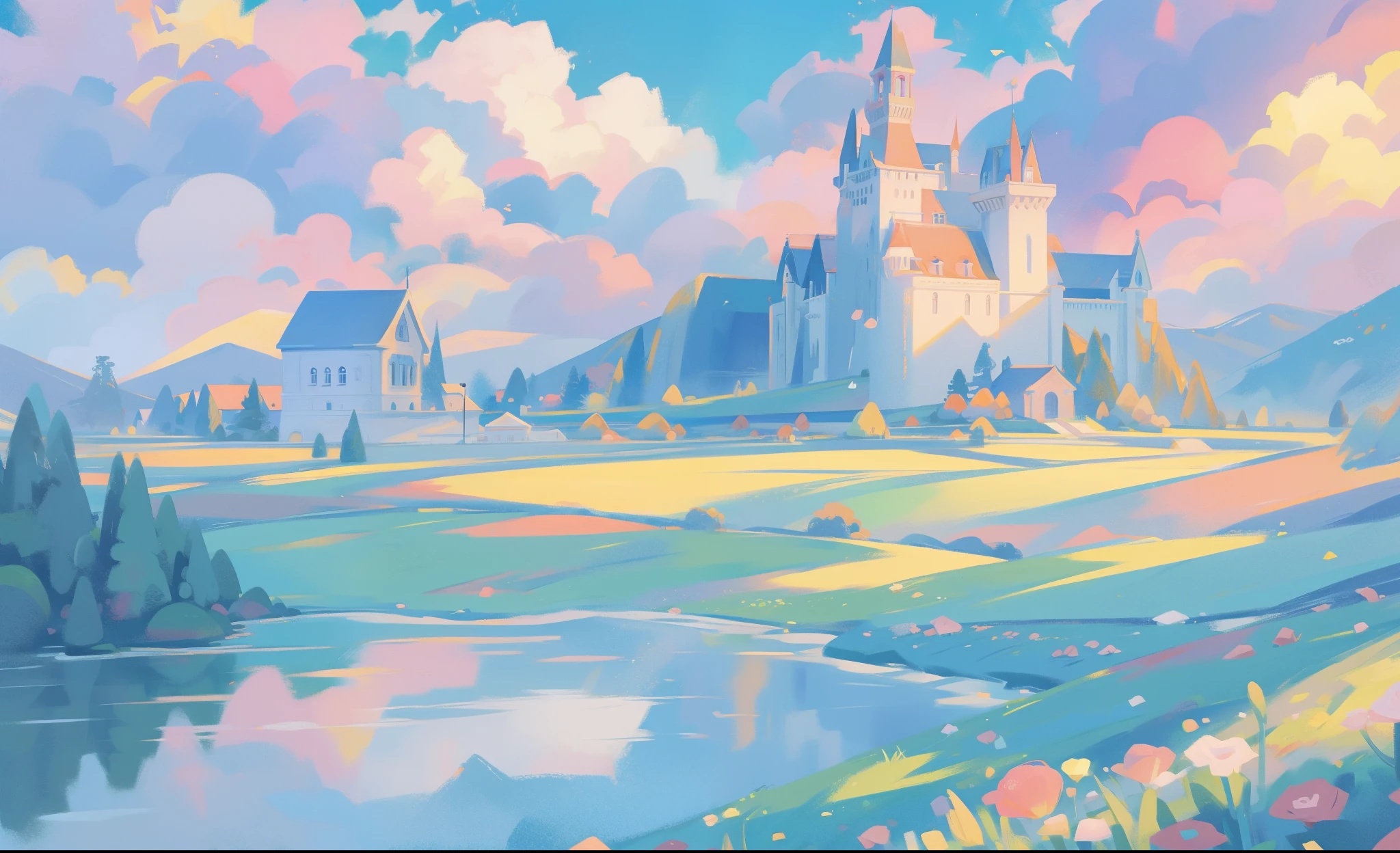 picture book illustration, watercolor storybook illustration, princess castle, fairytale castle, fairytale towers, clouds, vibrant pastel colors, dream, colorful, whimsical, magical, masterpiece, best quality, sharp focus, intricately detailed environment, fine detail, 8k resolution
