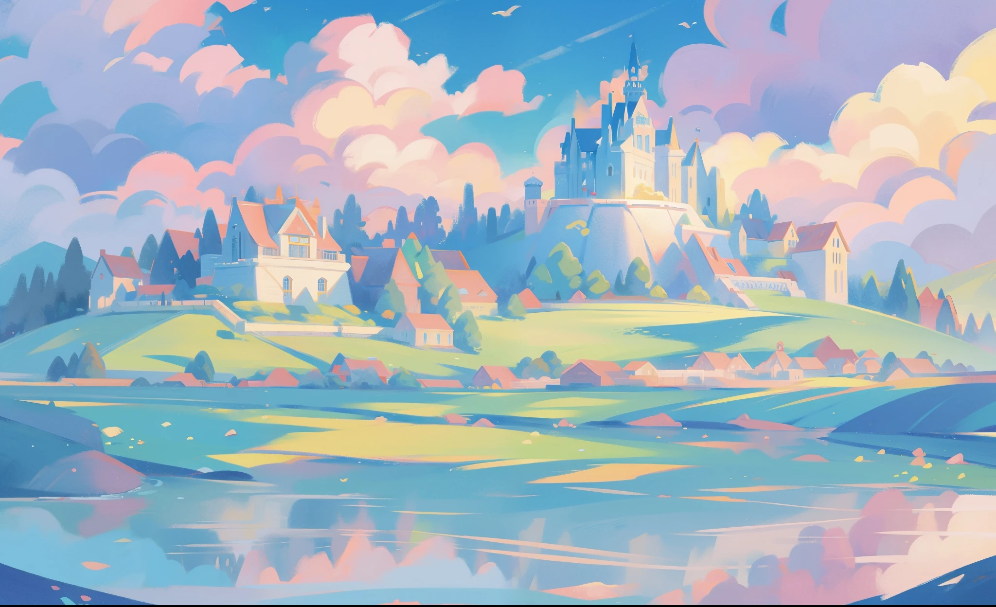 picture book illustration, watercolor storybook illustration, princess castle, fairytale castle, fairytale towers, clouds, vibrant pastel colors, dream, colorful, whimsical, magical, masterpiece, best quality, sharp focus, intricately detailed environment, fine detail, 8k resolution