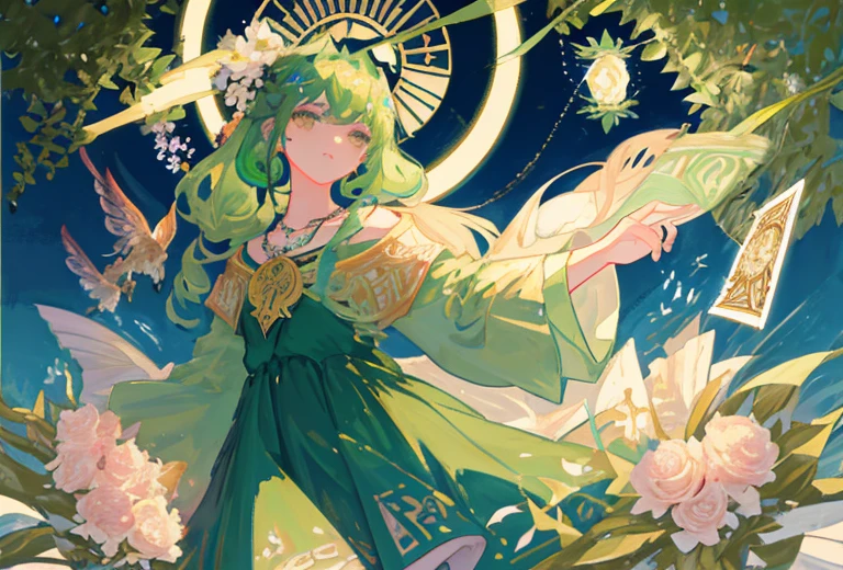 Tasks Generate Studio Tools SeaArt Bot Txt2Img Default 11:21:36 Expires in 14 days(Her)
tmasterpiece、topquality、Alphonse Mucha、Jugendstil、 (Tarot card style:1.3)、Unique Tarot Card Structure, including floral and green elements、 blunt bangs、Long hair with pink double ponytails,,,、Upper torso、looking at the viewers、 In the middle of a green garden、Mysterious girl in a floral dress、Enjoy the sunshine, which illuminates flowering plants and ancient tarot symbols.、Dance with Unearthly Creatures。 roses、lily、Cherry trees、calamus、leaves、moss、vine、Elegant dresses, Inspired by nature、Necklace with flowers and leaves、耳环、circlet、A bracelet、hair ornaments、Butterflies、bird、bee、Tarot symbols, Reimagined with floral and green ornaments、godesses、Flower Garden、woods、Natural background, like a, For example, shore of the lake、Efficient use of light and shadow、 Realistic & Ультрареалистичный 3D、zentangle、