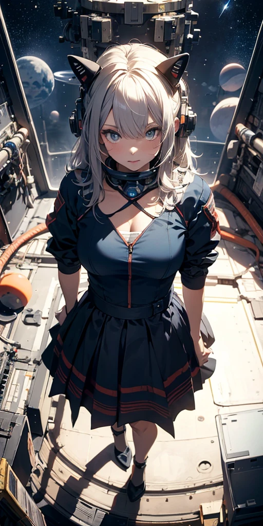 Ridiculous resolution, high res, (masterpiece:1.4), hyper-detailed, 1girl, Look from above, space, float，spacecraft，Blue Earth