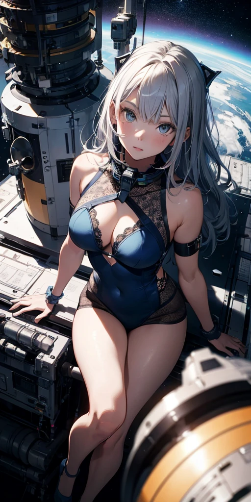 Ridiculous resolution, high res, (masterpiece:1.4), hyper-detailed, 1girl, Look from above, space, float,spacecraft,Blue Earth
