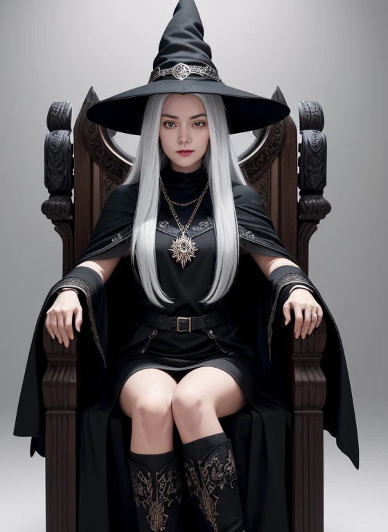 a 20 year old female wizard. wearing a long black cape. wearing a long black dress covering legs. Black clothes. Wearing a witches hat on head. half of her face is in shadow. white background. Body Facing straight on to camera. Eyes looking straight at camera. Face straight on to camera. Friendly face.. White hair.. Black boots. Sitting down on black throne. Large black throne with ornate carvings. Black wooden throne. Conservatively dressed.