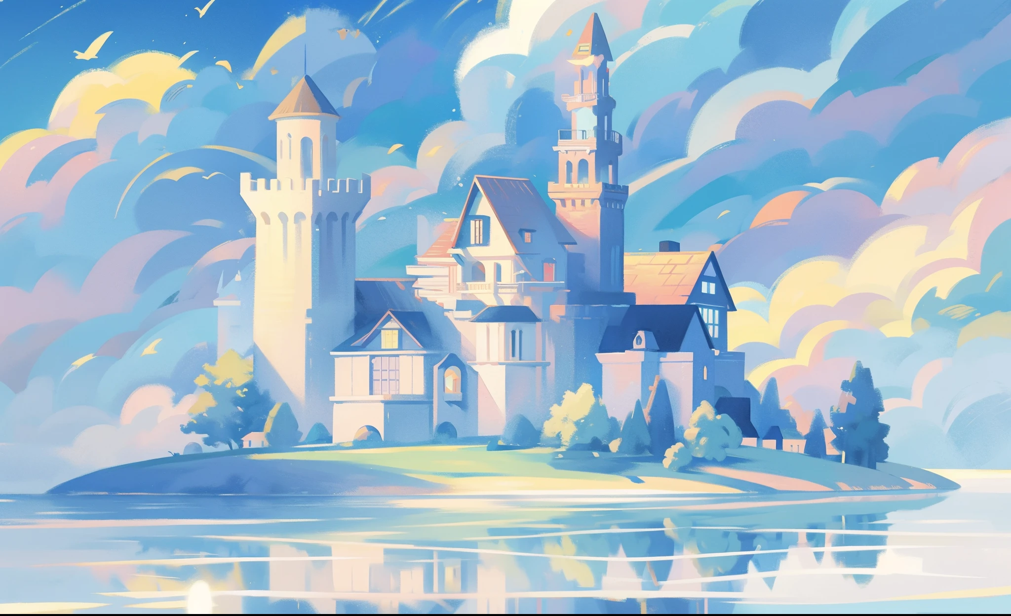 picture book illustration, watercolor storybook illustration, princess castle, fairytale castle, fairytale towers, clouds, vibrant pastel colors, dream, colorful, whimsical, magical, masterpiece, best quality, sharp focus, intricately detailed environment, fine detail, 8k resolution