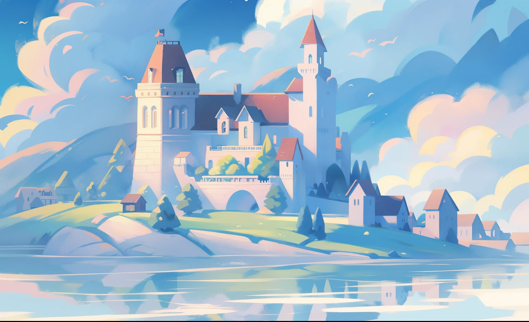picture book illustration, watercolor storybook illustration, princess castle, fairytale castle, fairytale towers, clouds, vibrant pastel colors, dream, colorful, whimsical, magical, masterpiece, best quality, sharp focus, intricately detailed environment, fine detail, 8k resolution