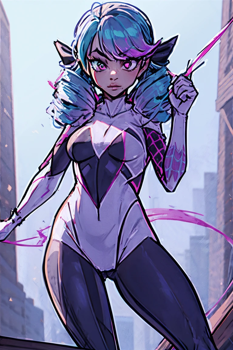 Gwen wearing Spidergwen costume, Spidergwen costume