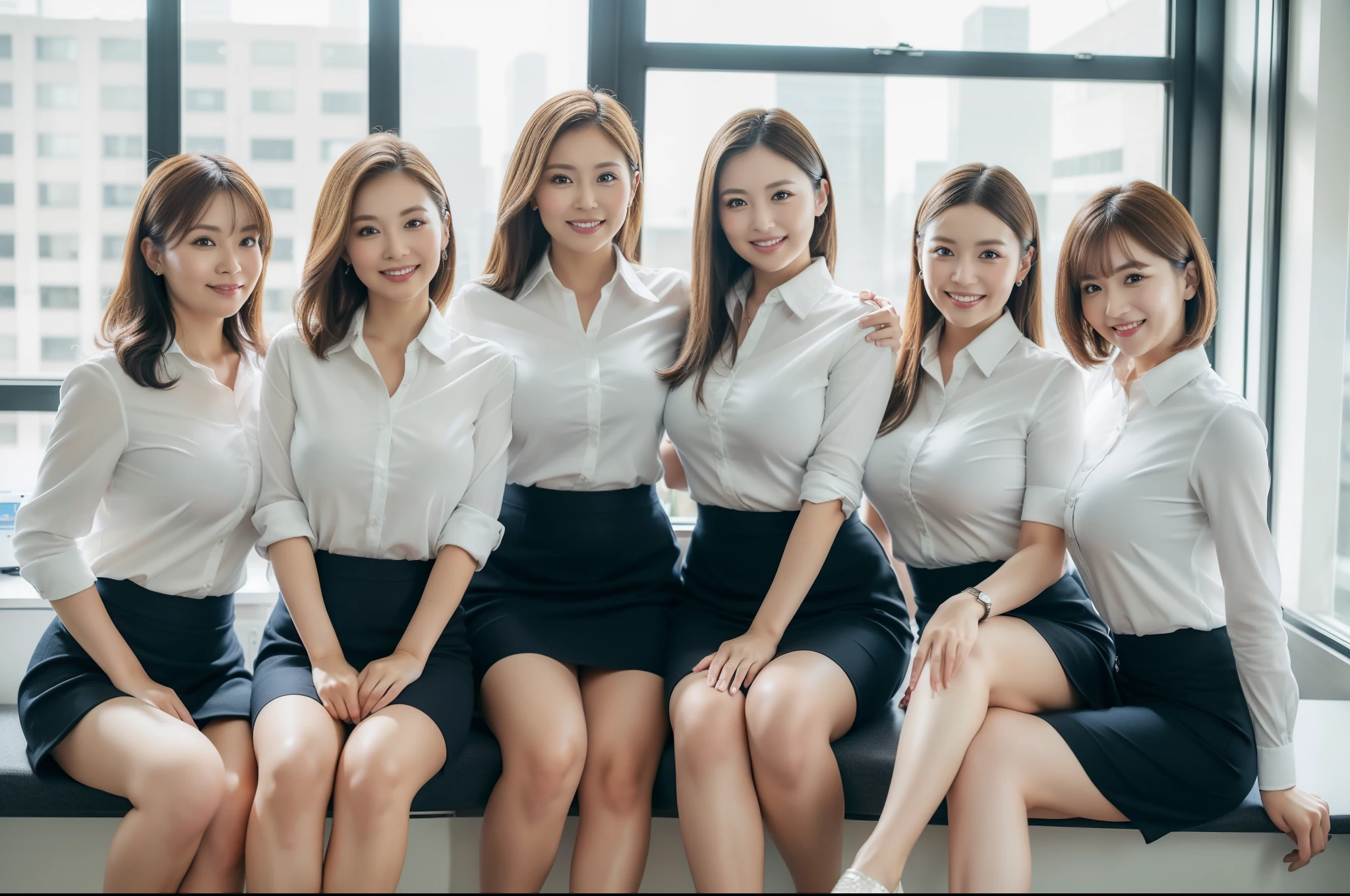 ((Best Quality, 8k, Masterpiecedetails, ultra-high resolution)), (group picture)(looking at the viewer), (full shot:), attractive business 5 milfs, 5 people, a bit chubby:0.25, white collared shirt, grey skirt, (sitting with cross legs on office desks)), smile, office of CEO,