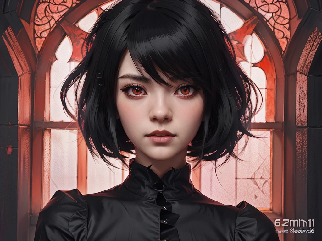 anime girl with black hair and red eyes in front of a gothic window, anime style 4 k, artwork in the style of guweiz, anime styled digital art, stunning anime face portrait, anime style. 8k, anime style portrait, anime style artwork, anime style illustration, gothic maiden anime girl, digital anime illustration, demon slayer rui fanart, vampire girl