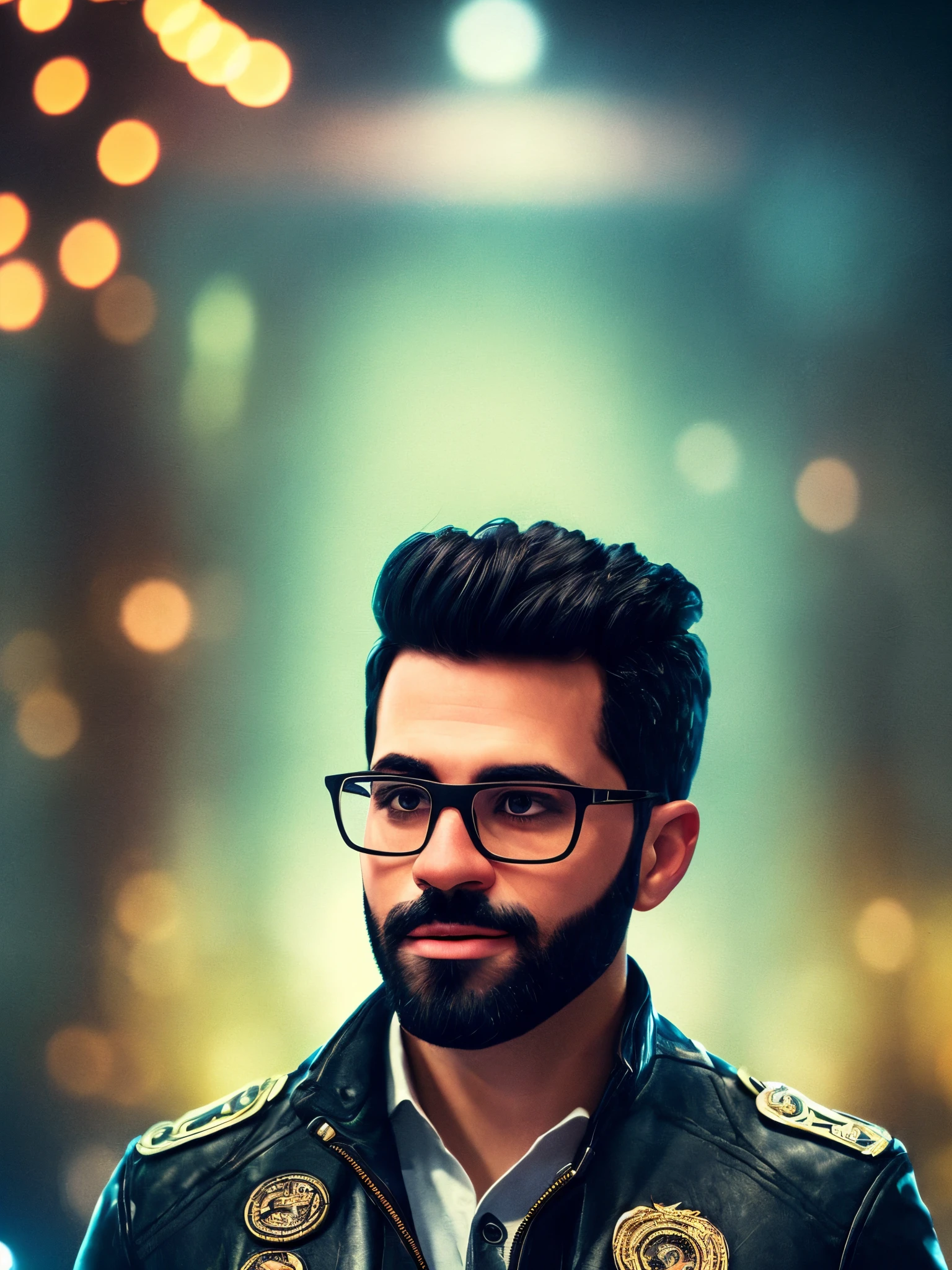 A male with black hair and a beard is wearing glasses. The scene is inspired by the Pixar style, aiming to create a masterpiece with a high level of detail. The image is of the best quality and in 8k resolution. The character is wearing a leather jacket with intricate textures. The overall ambiance is reminiscent of claymation, with cinematic lighting effects creating a dramatic atmosphere. The focus of the image is very sharp, highlighting the precise details. The background features a bokeh effect, adding depth and visual interest to the composition.