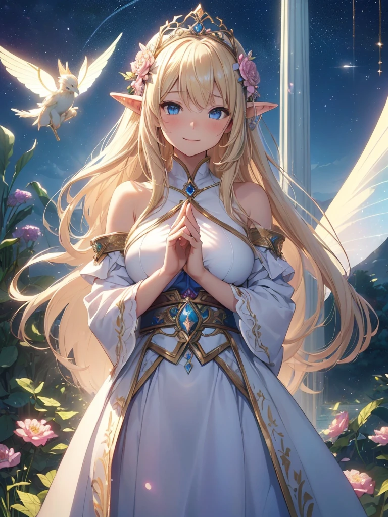 top-quality、Top image quality、masterpiece、girl with((20yr old、Best Bust、big bast、Bust 90,Beautiful blue eyes、,Blonde long hair、A slender、Fairy feathers、flying though the air、a closeup、Esbian、Floating in the light、beautiful tiara、hiquality、Beautiful Art、Background with((starrysky)))masutepiece、visualart、depth of fields、sky at night、Mother and 、 holding a childther'arm of、the child is sng、low angles、、Elven ears、Feathers glow in iridescent colors、light magic、kosmos、mid night、harp melody🎵、Fun Concerts、Happy smile、Gentle light、Emitting a magical light、Beautiful skins、beutiful breast、beautiful skirt、accurate fingers、Exact finger count、Beautiful flower garden.nffsw