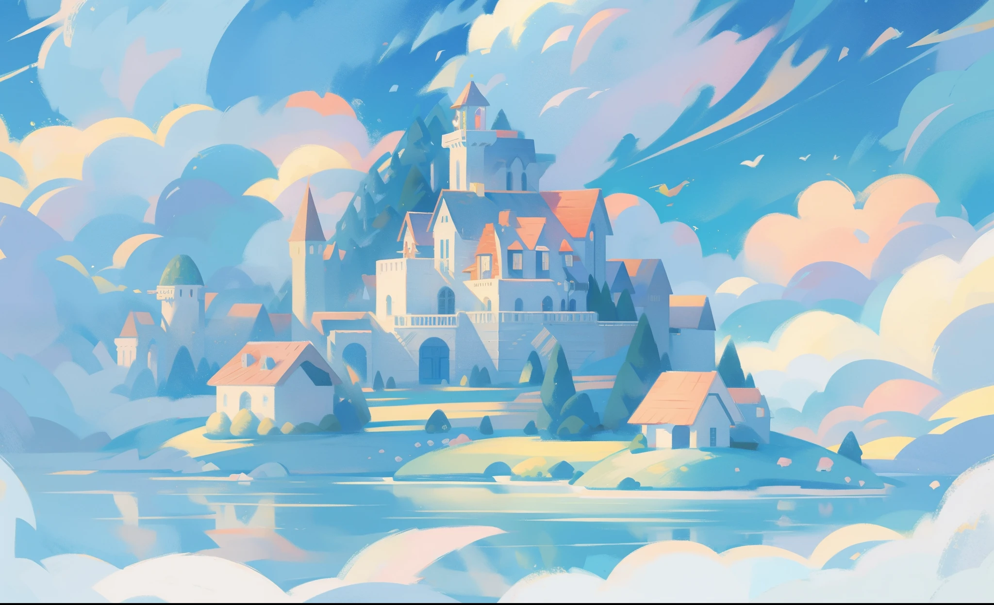 picture book illustration, watercolor storybook illustration, princess castle, fairytale castle, fairytale towers, clouds, vibrant pastel colors, dream, colorful, whimsical, magical, masterpiece, best quality, sharp focus, intricately detailed environment, fine detail, 8k resolution