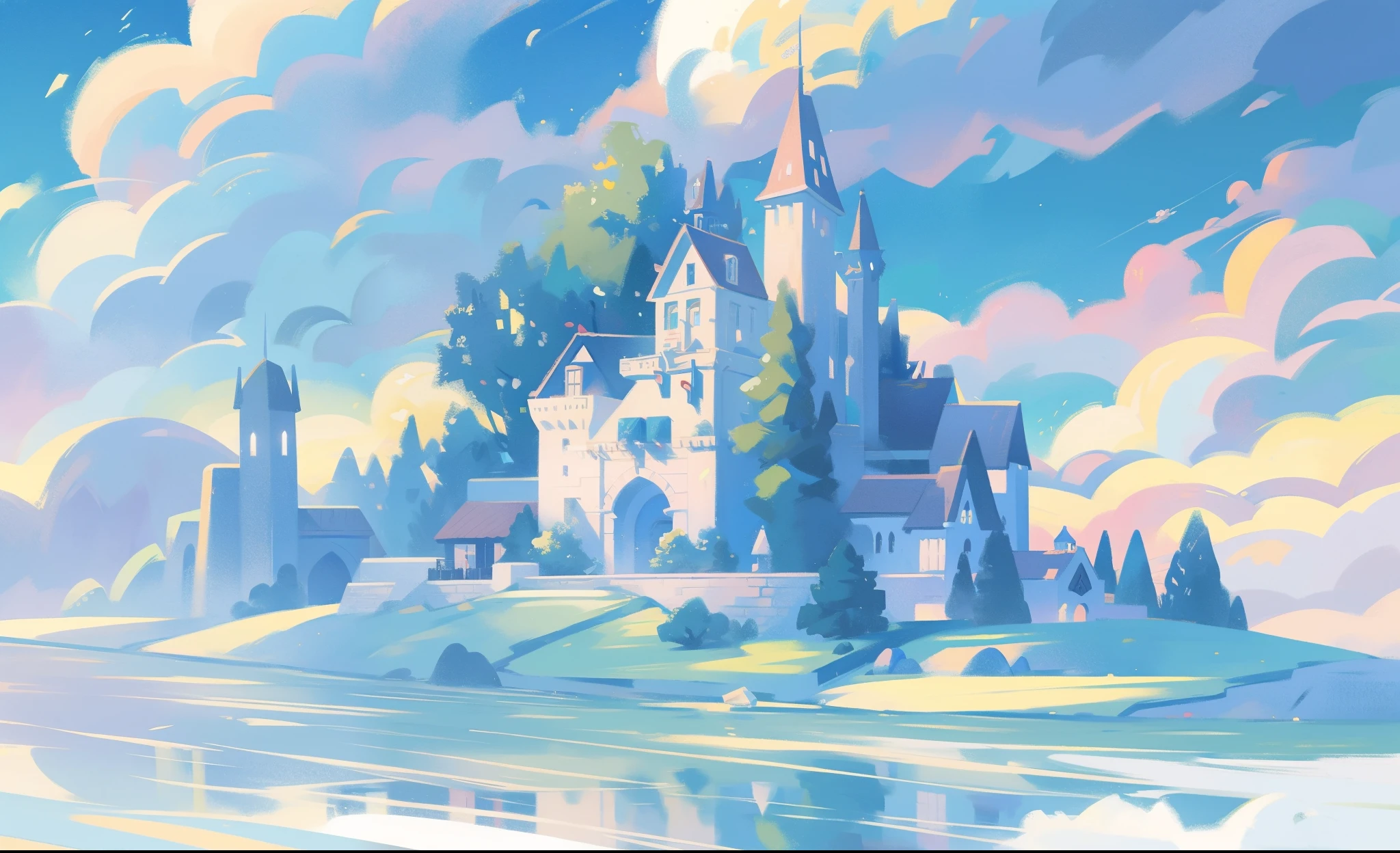 picture book illustration, watercolor storybook illustration, princess castle, fairytale castle, fairytale towers, clouds, vibrant pastel colors, dream, colorful, whimsical, magical, masterpiece, best quality, sharp focus, intricately detailed environment, fine detail, 8k resolution