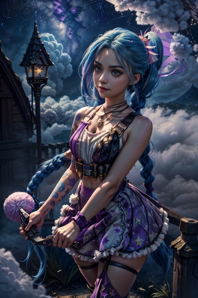 jinxlol, (full bodyesbian, Legs and shoes are visible: 1.2)), Expressive eyes, 1girl, pale-skinned, long whitr hair, The wind blows hair, ((Ridiculously long hair)), Long side lock, hime bangs, Hairline, hair-bun, ((Very long double ponytail, dark-blue hair,)), Be red in the face, His face was flushed, big shiny lavender eyes, (Gradient eyes), mouth open smile, Cute pose, ((With a revolver : 1.3)) , ((Lovely soft fashion)) , Flowing soft dress, ((Fantasy colorful open dress)), (Floating ribbons), lavender ruffles, pink ruffles, (Light blue lace), detached short sleeves, Puffy skirt, ((White star print skirt : 1.3)), White Lolita dress, Purple bow, ((Pompom ribbon hair ornament : 1.4)), Multi-bow, striped lace stockings, (Heart shaped leg garters), cute big breasts (lilac colors) footwear ((Super detailed clothing and fashion)) , looking at you, Vintage girl, Be red in the face, (美丽细致的眼睛), (extremely detaild的 CG unified 8k wallpapers) (The best shadow), ((Extremely Delicately Beautiful)), (detailedlight), ((depth of fields)) big headed, sparkling big eyes, sprout, Splash ink art, 电影灯光, Frontal view, Volumetric Lighting Maximalism Photo Illustration 64k Resolution High Resolution Intricate Details Complex Key Vision Precise Linear, ((Against the background of a dreamy soft sky, Surrounded by starry clouds, meteors, castle in the clouds)) ((Ultra detailed scenery, Fog clouds, inner strength : 1.3)), jinx \(league of legends\), ((The picture is very bright,bright,high saturated))