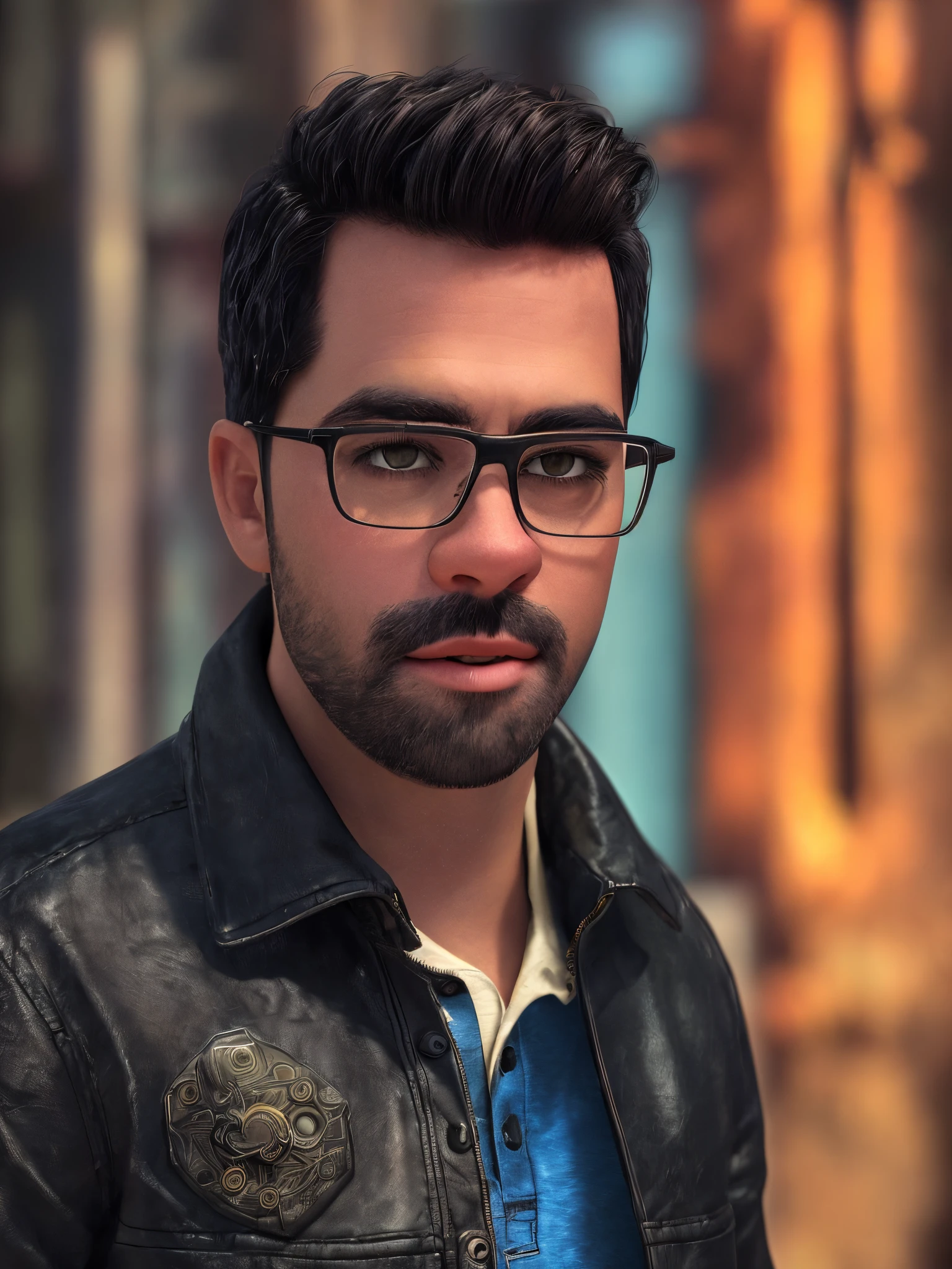 A male with black hair and a beard is wearing glasses. The scene is inspired by the Pixar style, aiming to create a masterpiece with a high level of detail. The image is of the best quality and in 8k resolution. The character is wearing a leather jacket with intricate textures. The overall ambiance is reminiscent of claymation, with cinematic lighting effects creating a dramatic atmosphere. The focus of the image is very sharp, highlighting the precise details. The background features a bokeh effect, adding depth and visual interest to the composition.