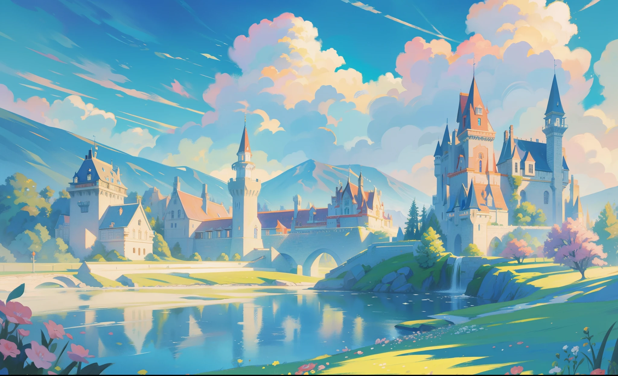 picture book illustration, watercolor storybook illustration, princess castle, fairytale castle, fairytale towers, clouds, vibrant pastel colors, dream, colorful, whimsical, magical, masterpiece, best quality, sharp focus, intricately detailed environment, fine detail, 8k resolution