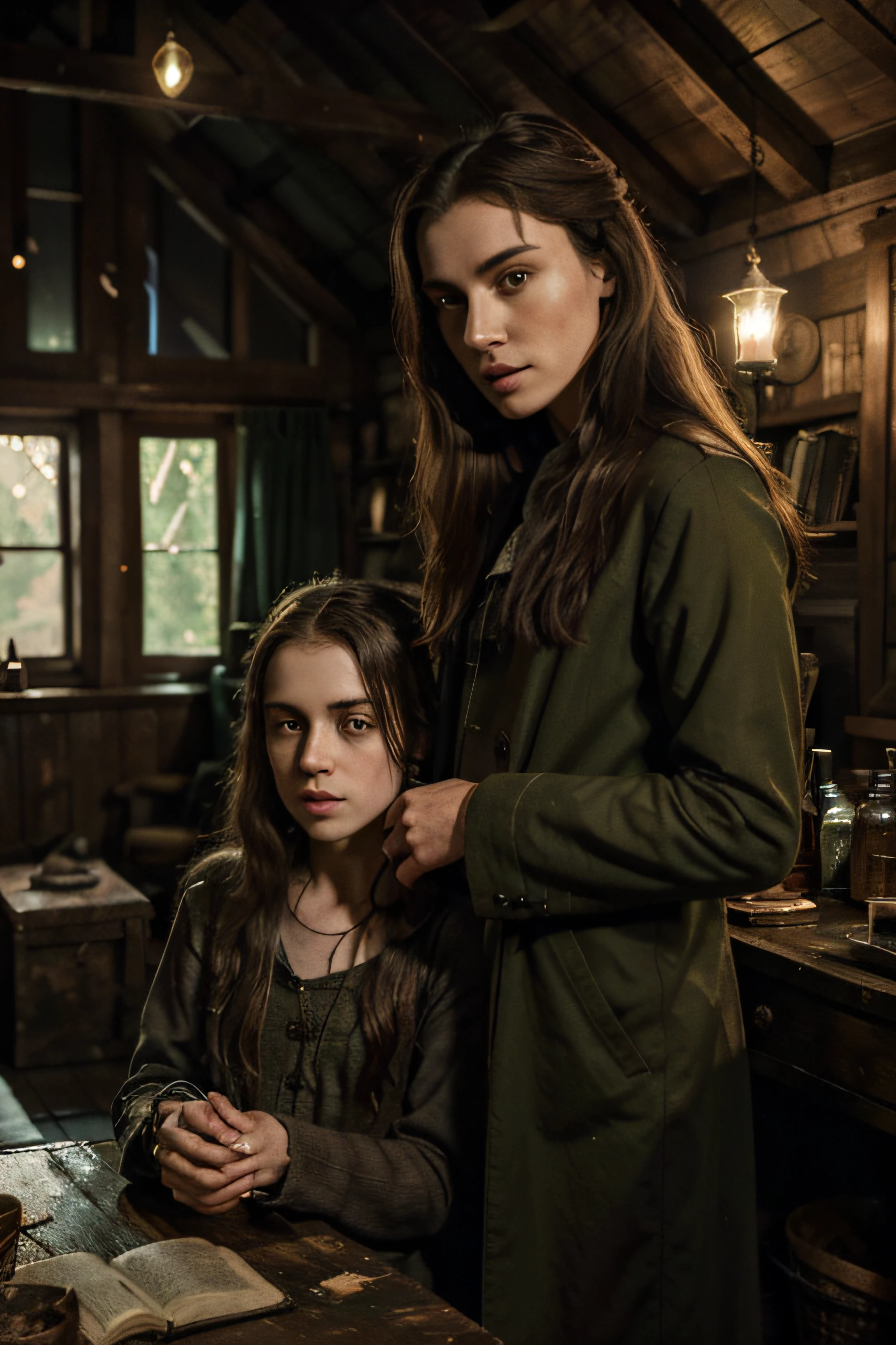 (strong,realistic) A detailed painting of the Gaunt family from Harry Potter story in a rustic cabin surrounded by a dense forest. The main subjects of the painting are an old, rundown cabin and the Gaunt family members. The cabin is made of weathered wood, with peeling paint and moss-covered roof tiles. It has a quaint chimney emitting a thin wisp of smoke. The surrounding forest is lush and filled with tall, old trees, creating a sense of isolation and secrecy.
The Gaunt family consists of three individuals: Merope Gaunt, Marvolo Gaunt, and Morfin Gaunt. Merope Gaunt is a young woman with striking and detailed blue eyes, a characteristic inherited from her ancestor Salazar Slytherin. She has long, unkempt hair and is dressed in tattered clothing, reflecting her impoverished state. Marvolo Gaunt, her father, is an elderly man with a hunched back, a lined face, and piercing green eyes resembling a snake. Morfin Gaunt, Merope's brother, is a pale and gaunt young man with disheveled hair and a wild expression.
The interior of the cabin is dimly lit, with a few flickering candles casting eerie shadows on the walls. The furniture is worn and shabby, with a rickety wooden table cluttered with old books, potions, and various arcane objects. An old family tapestry hangs on the wall, depicting a serpent and a locket—a nod to the Gaunt family's connection to Slytherin and Voldemort.
The atmosphere is heavy with a sense of foreboding, emphasizing the Gaunt family's dark and mysterious nature. The colors used in the painting are mainly dark and earthy tones, adding to the gloomy ambiance. The lighting highlights certain features of the Gaunt family members' faces, creating an intense and dramatic effect.
The artwork should have an ultra-detailed and photorealistic quality, showcasing every intricate detail of the cabin, the forest, and the Gaunt family members. The overall tone should evoke a sense of darkness and secrecy, capturing the essence of the Gaunt family's history in the Harry Potter universe.