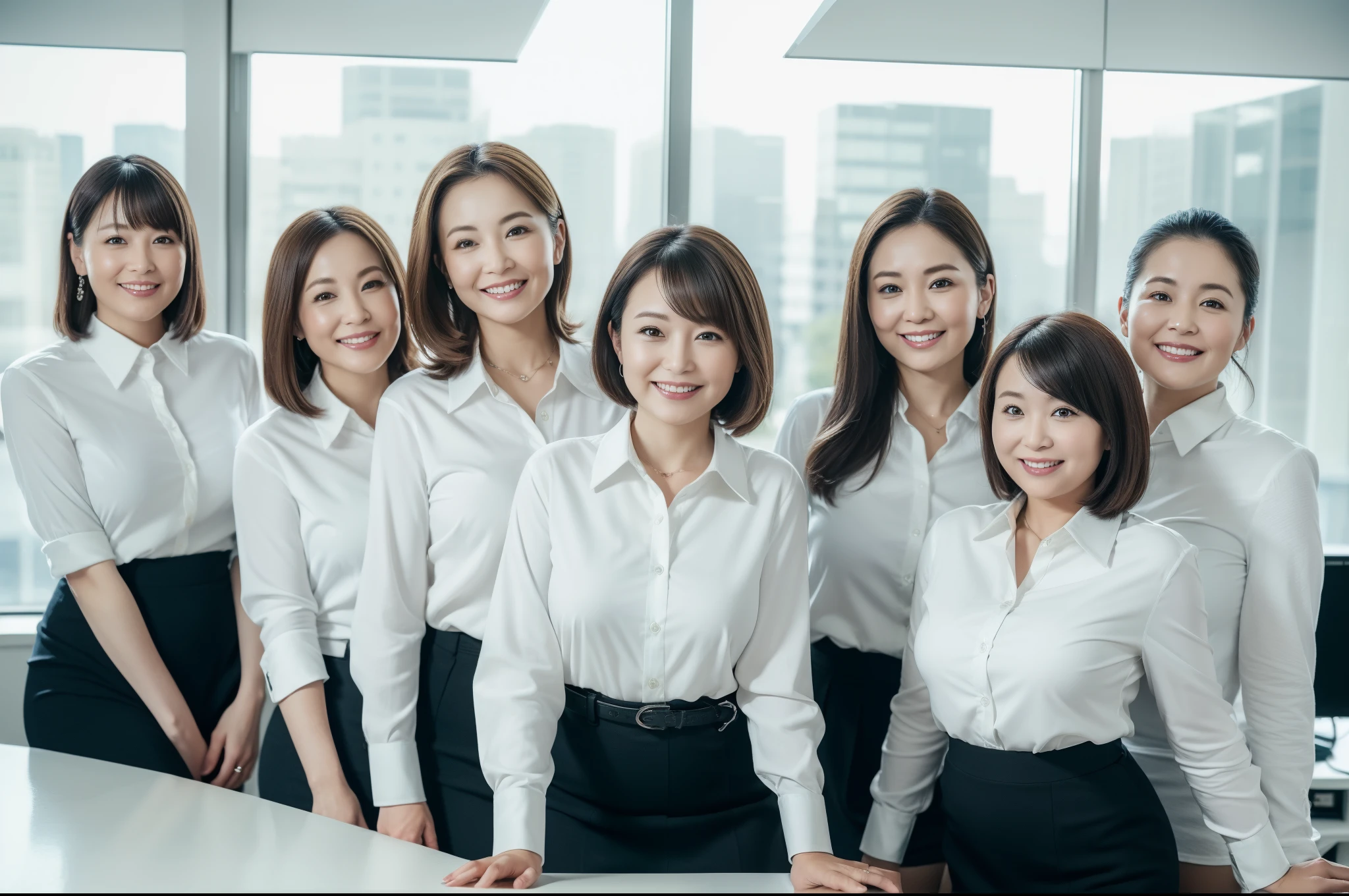 ((Best Quality, 8k, Masterpiecedetails, ultra-high resolution)), (group picture), (looking at the viewer), (fmiddle shot:), attractive business 5 milfs, 5 people, a bit chubby:0.25, white collared shirt, grey skirt, (sitting with cross legs on office desks)), smile, office of CEO,