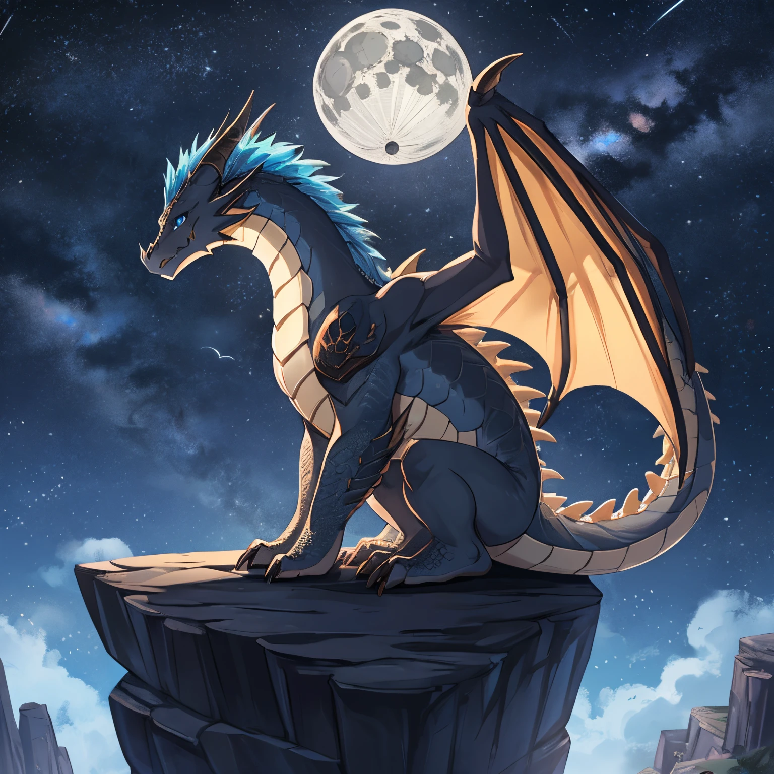 Side view, Solo, dragon, feral dragon, light grey body, dark orange belly, two white dragon horns, hair, bright blue hair, white fangs, detailed scales, dragon wings, yellow wings, blue eyes, detailed eyes, sitting on a cliff, happy, looking at the sky, tail, dragon nest in the background, night, two moon in the sky, d&d dragon, fantasy art