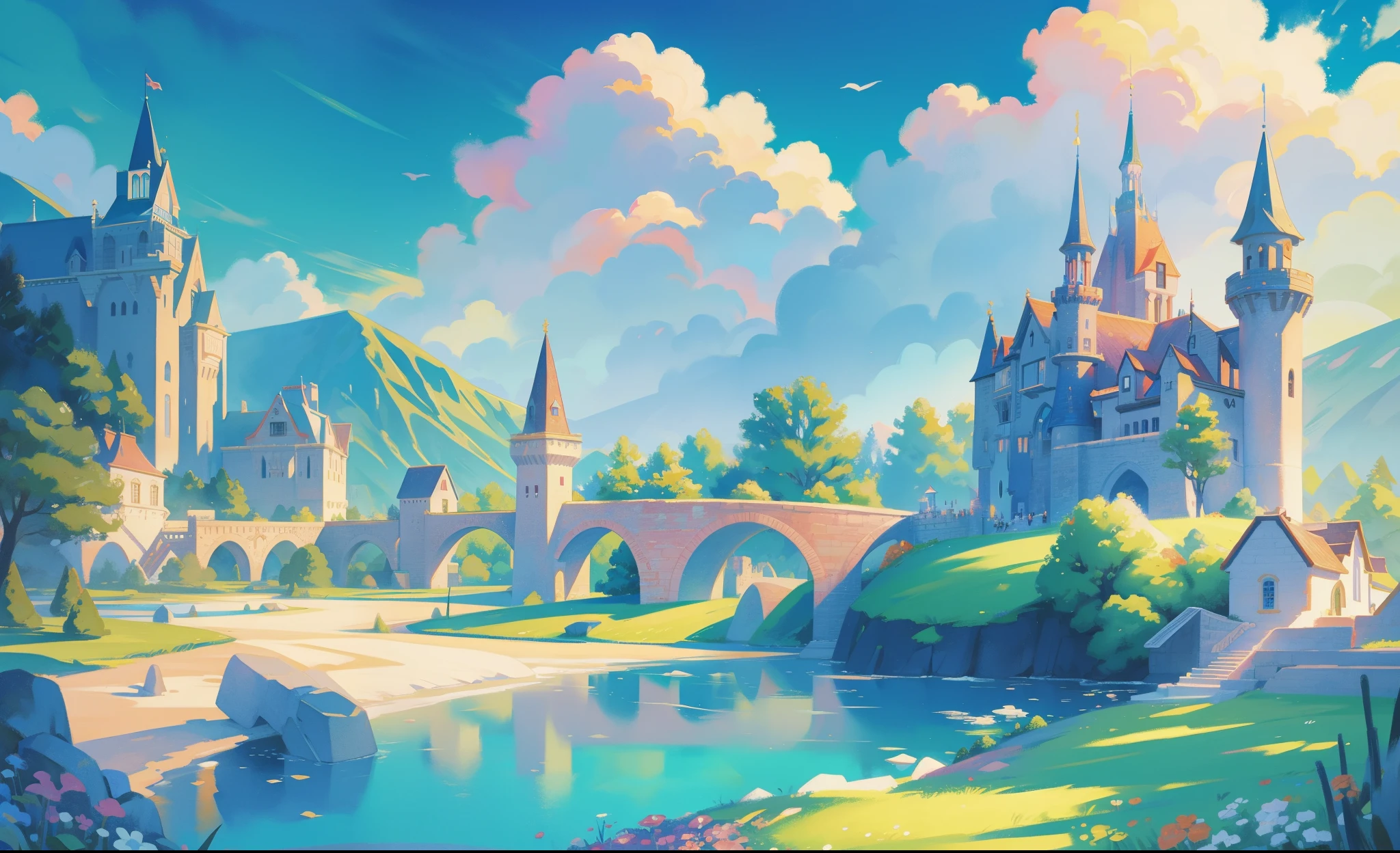 picture book illustration, watercolor storybook illustration, princess castle, fairytale castle, fairytale towers, clouds, vibrant pastel colors, dream, colorful, whimsical, magical, masterpiece, best quality, sharp focus, intricately detailed environment, fine detail, 8k resolution